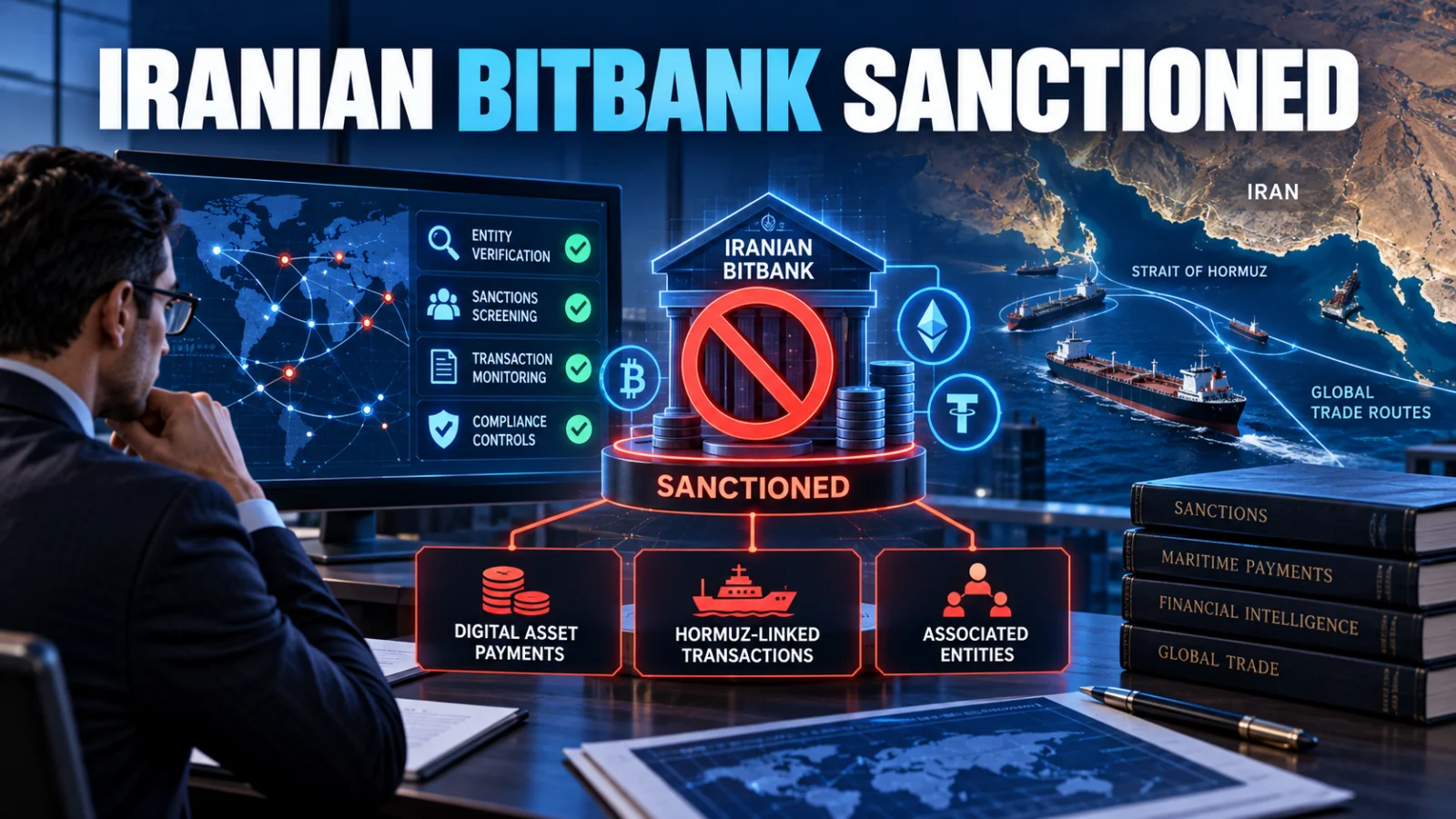 Editorial illustration explaining U.S. sanctions on the Iranian BitBank and its Hormuz-linked payment connection