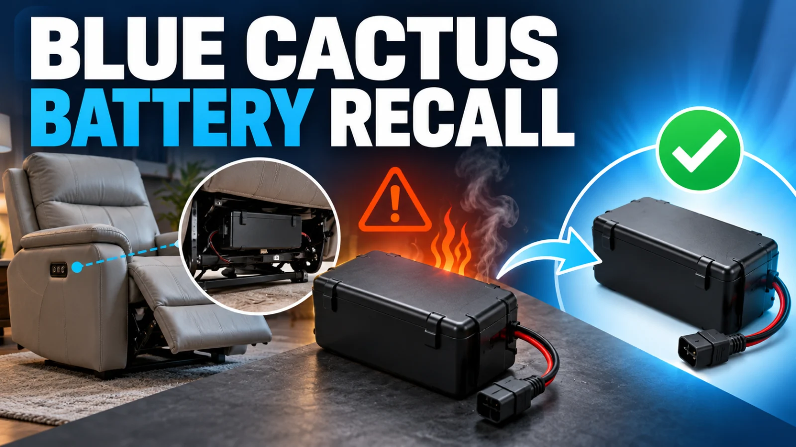 Reclining-chair lithium-ion battery pack shown with a stop-use and replacement concept