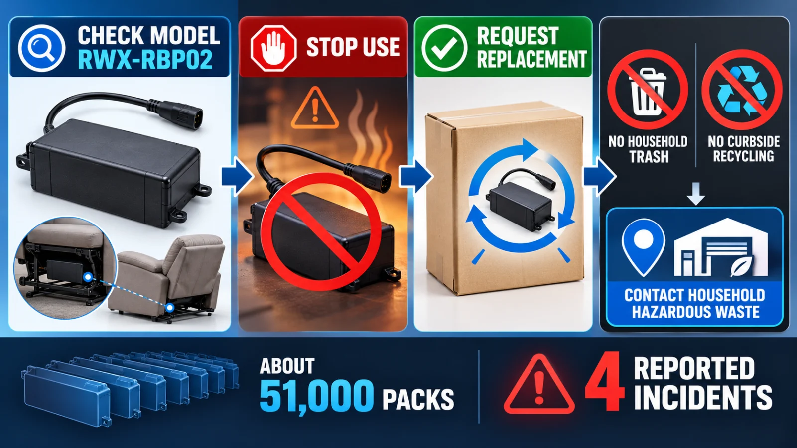Blue Cactus RWX-RBP02 recall action path for model check, stop use, replacement and battery disposal