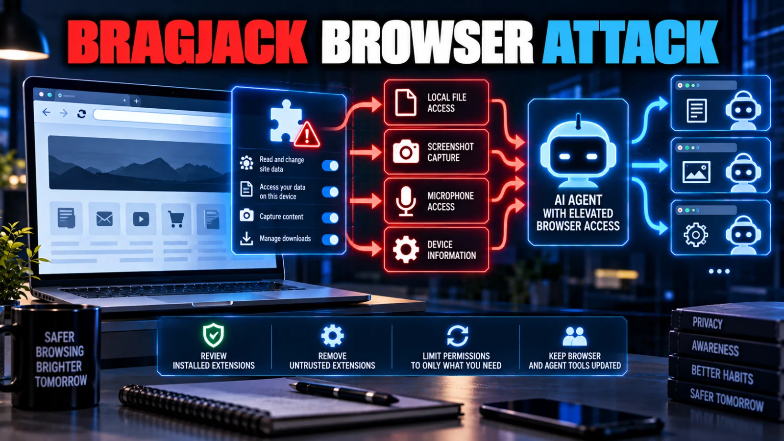 Editorial cybersecurity illustration of a browser extension crossing into privileged AI browser agents