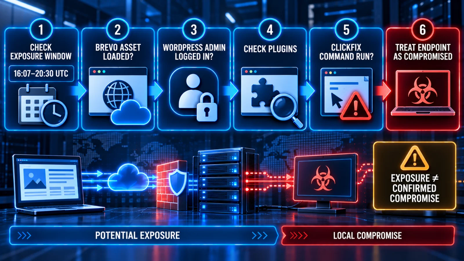 Brevo ClickFix exposure workflow showing time-window check, WordPress plugin review and endpoint response