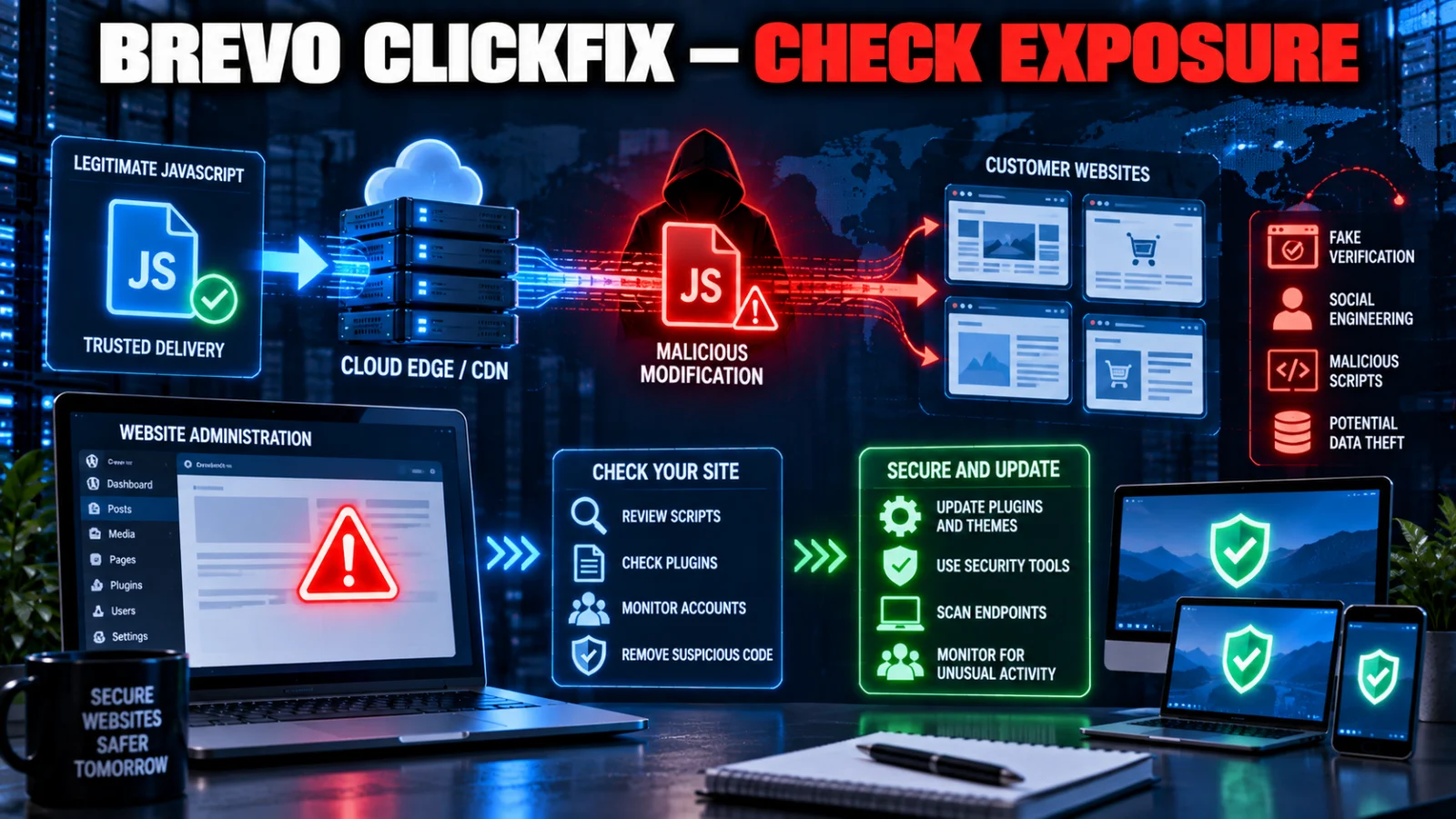 Cybersecurity illustration of a CDN-edge JavaScript supply-chain compromise with website and endpoint verification