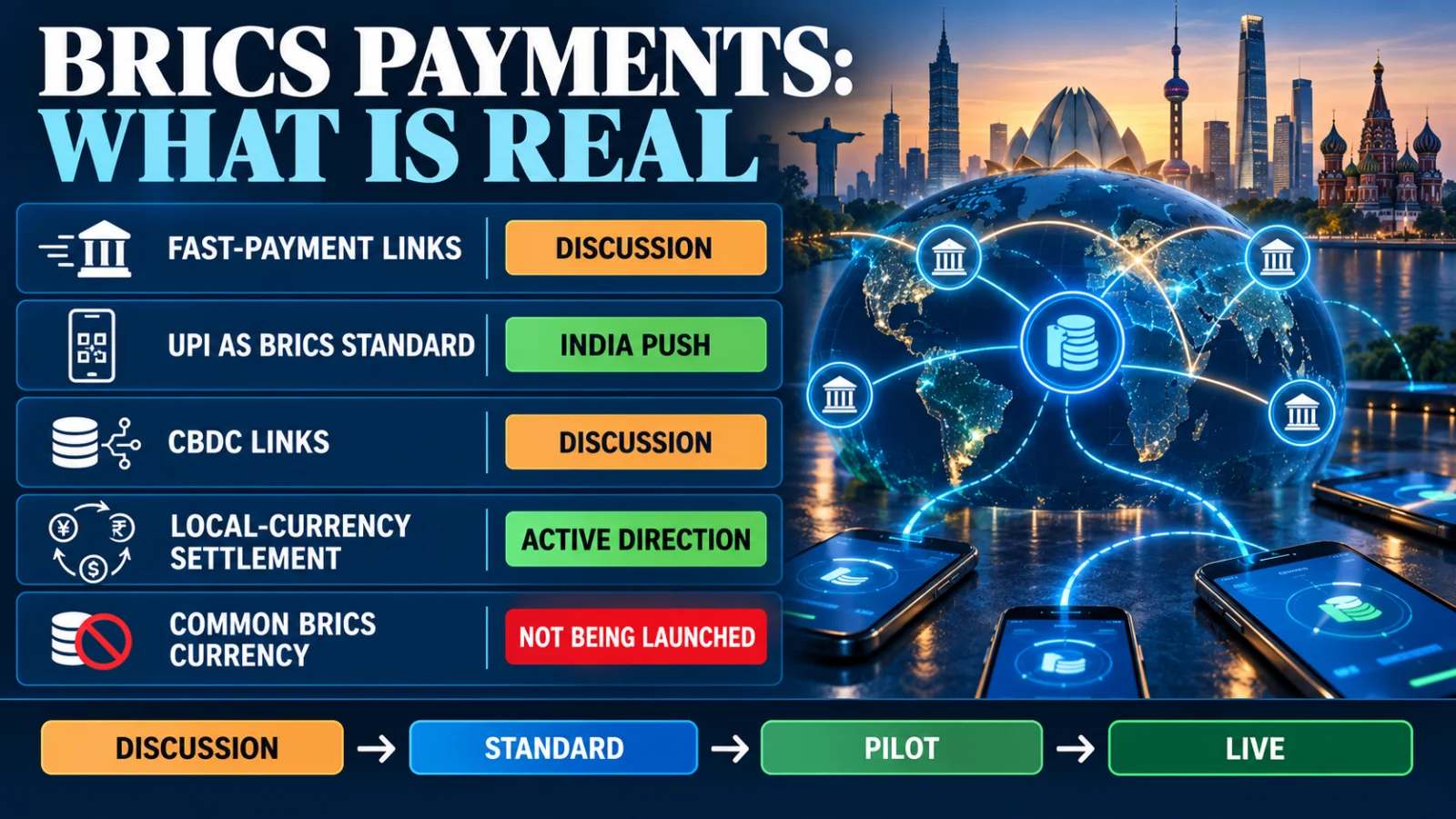 Infographic comparing fast-payment links, UPI standards, CBDCs, local currencies and a common BRICS currency