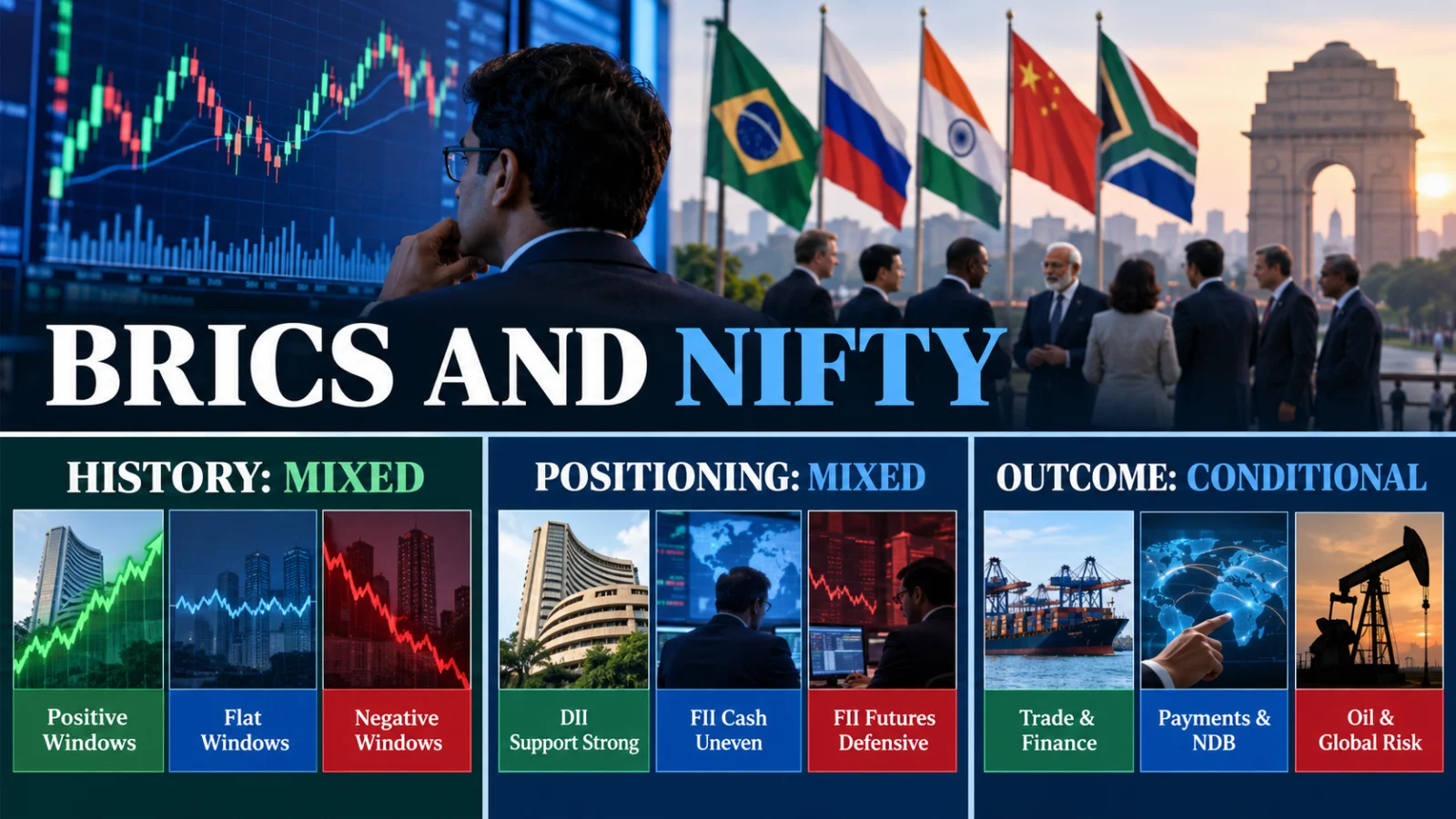 Infographic showing mixed historical Nifty reaction and conditional bullish or bearish BRICS summit scenarios