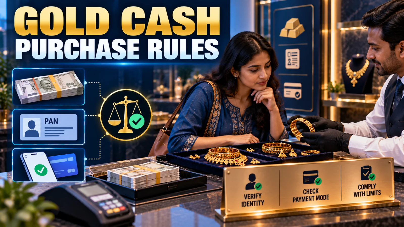 Indian gold buyer comparing cash, PAN and digital payment requirements before a jewellery purchase