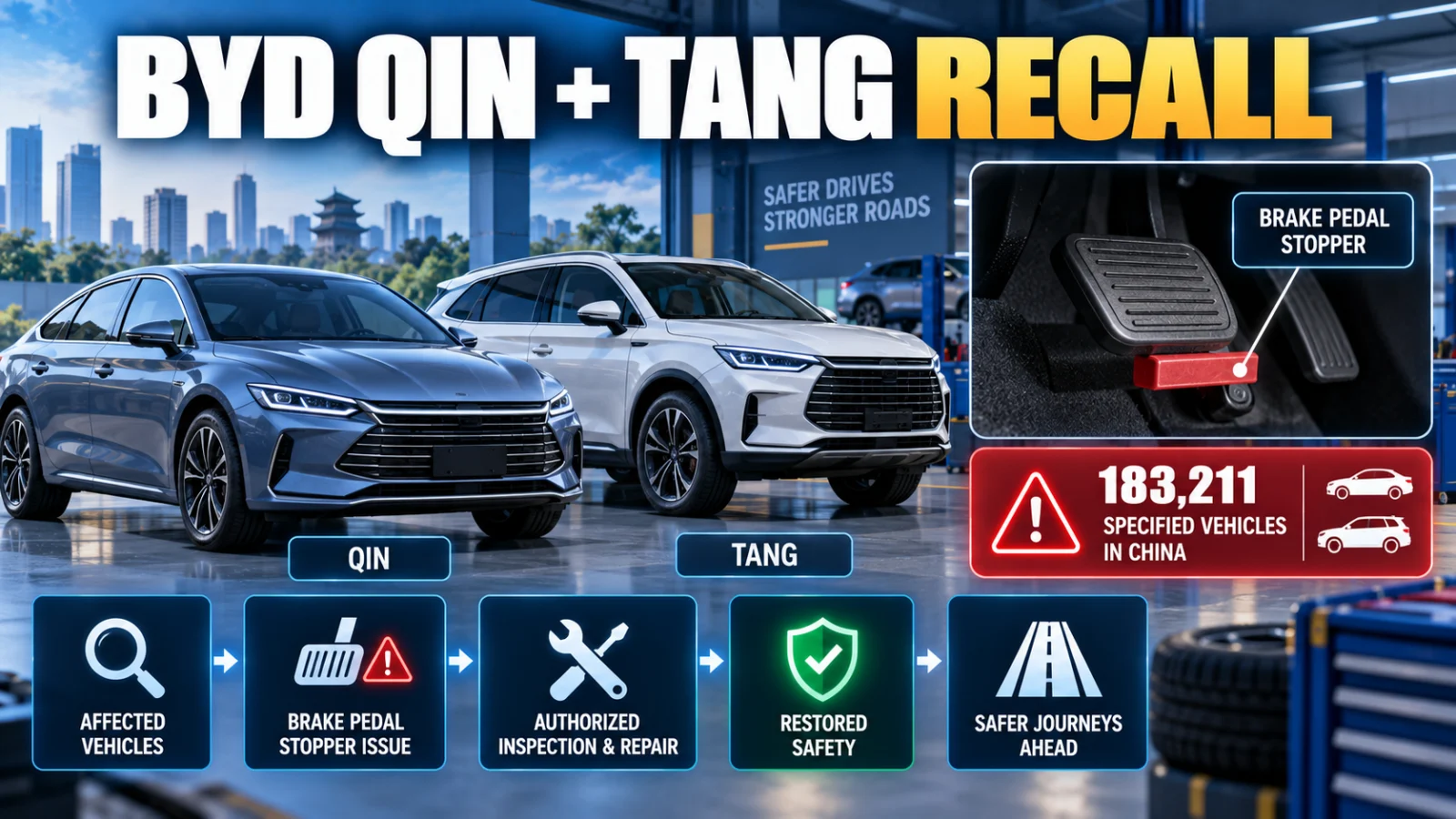 Representative Qin and Tang-style vehicles with a brake-pedal stopper component for the BYD Qin Tang recall 2026