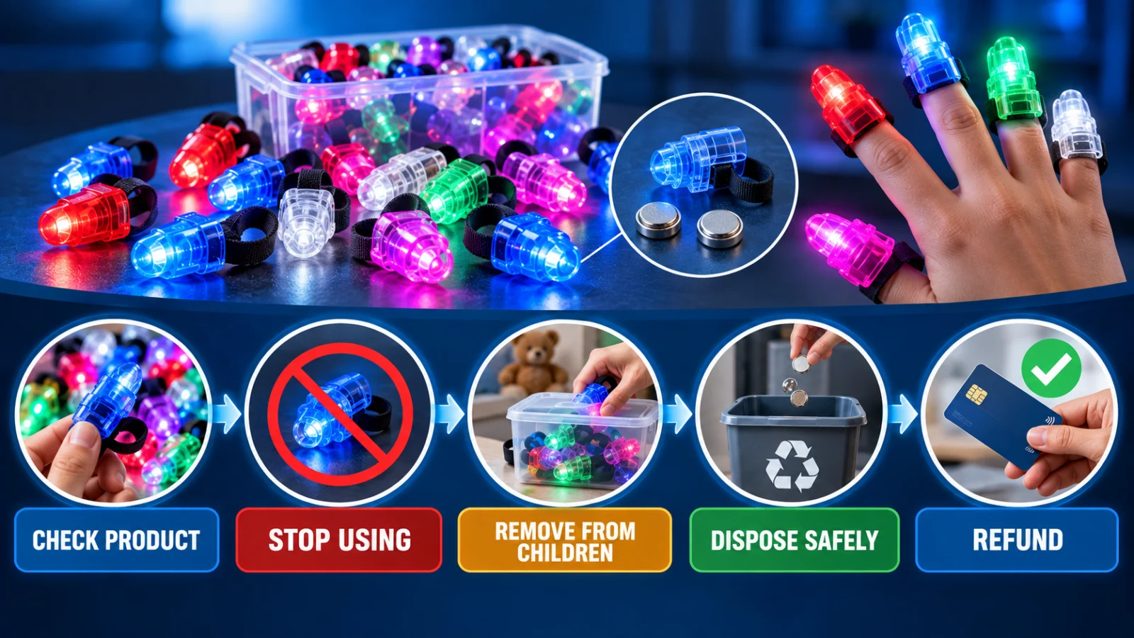 Recall action path for checking finger-light toys, stopping use, removing them from children, disposing safely and requesting a refund