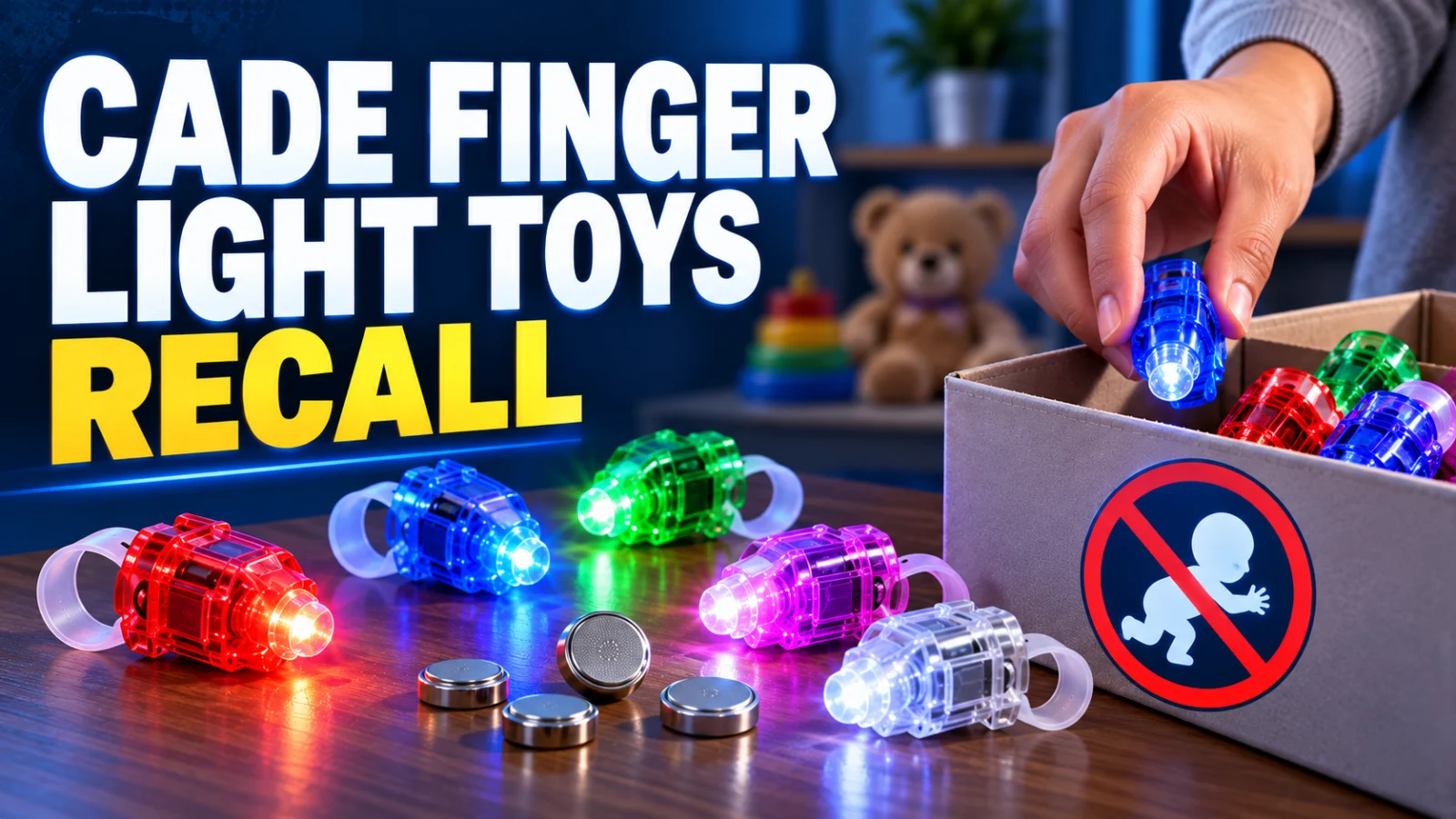 Finger-light toys and button batteries illustrating the Cade finger light toys recall