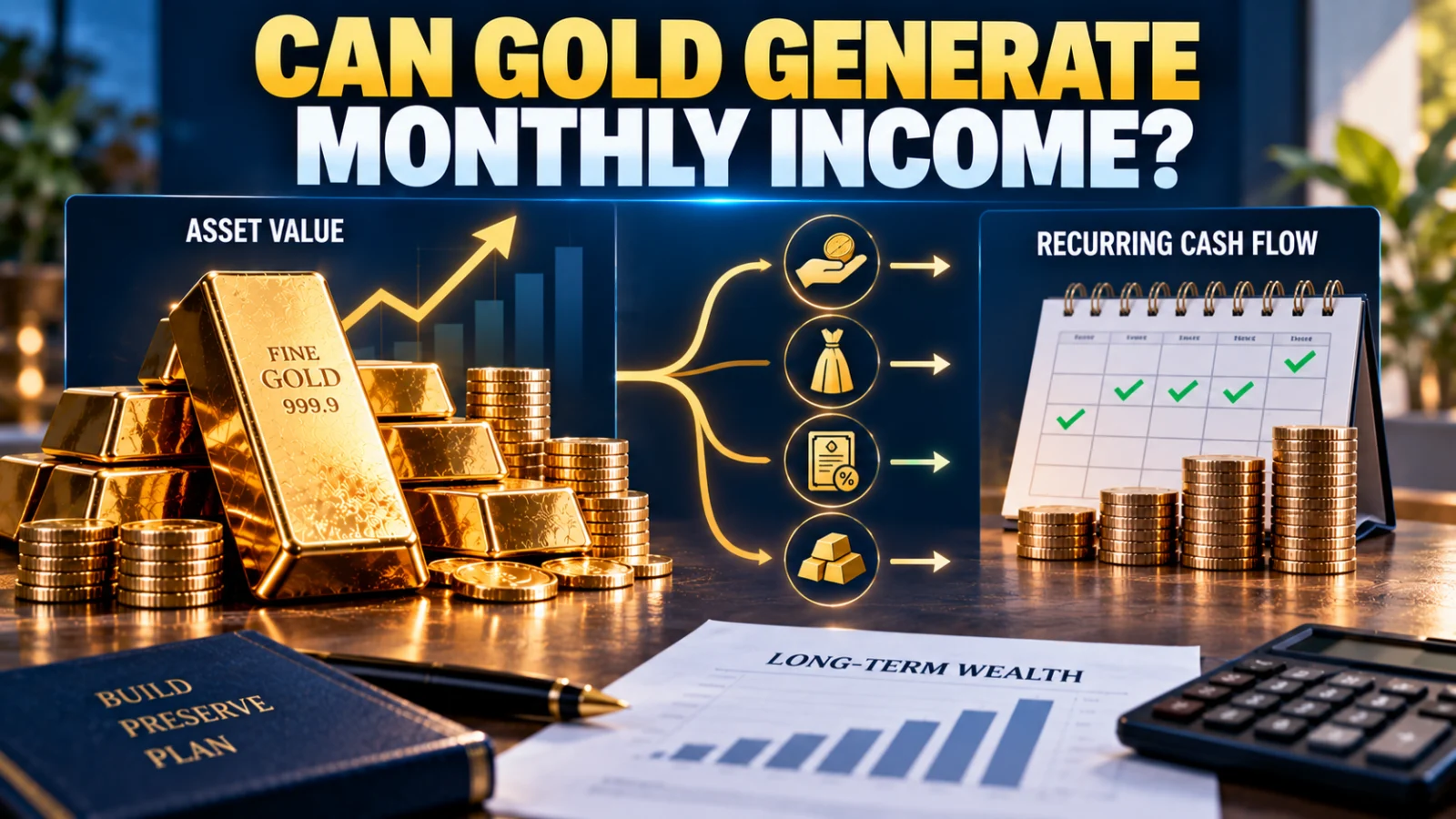 Gold bars and coins beside a financial cash-flow illustration separating appreciation from recurring income