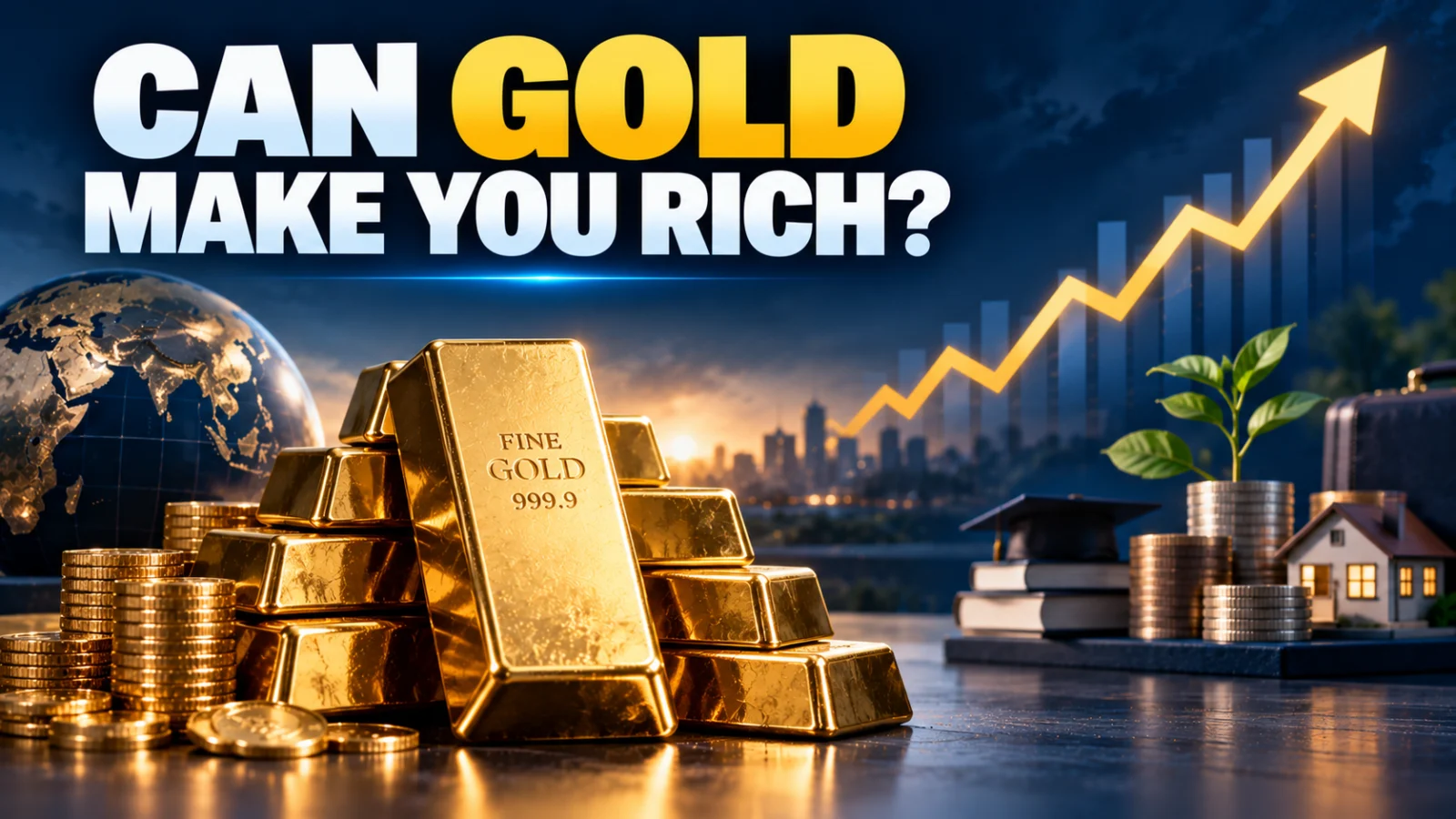 Gold bars and coins beside a long-term wealth-growth concept without guaranteed-return imagery