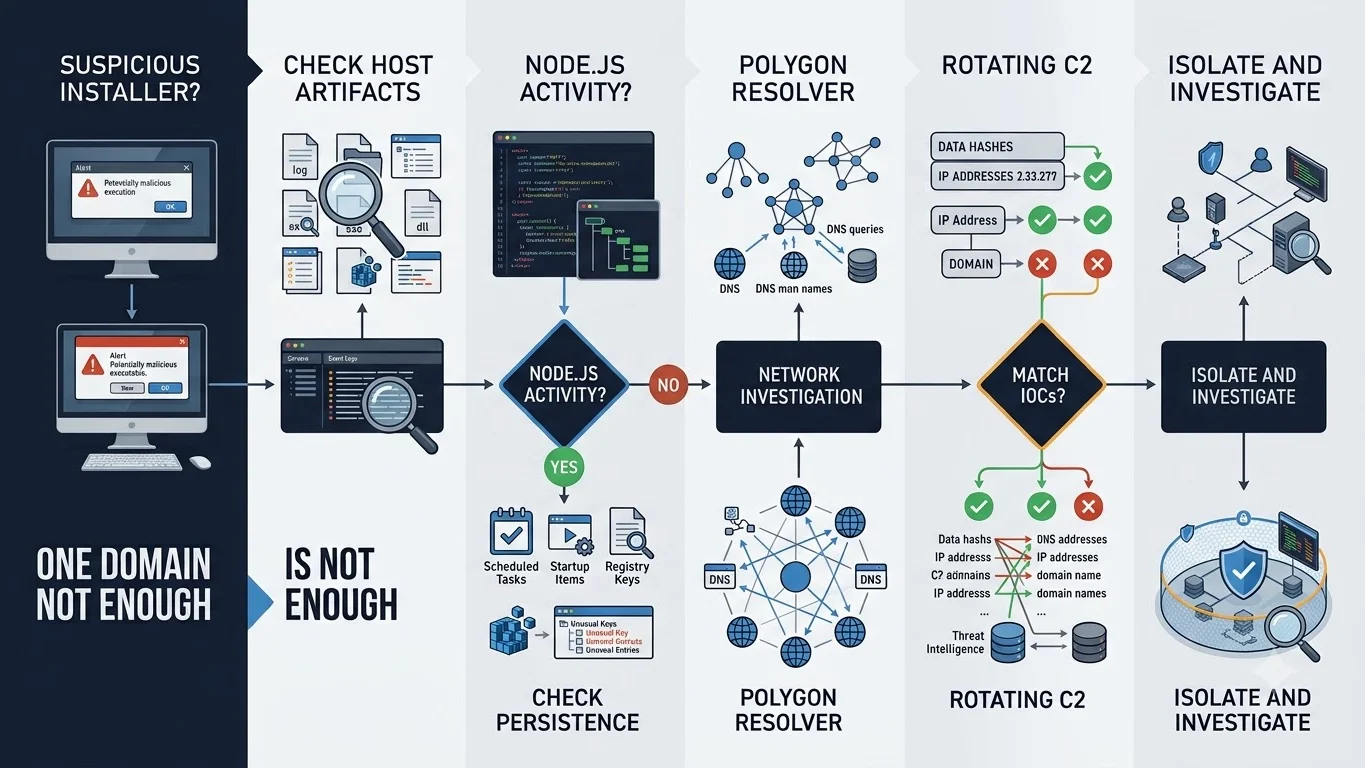 Defensive decision path for investigating ChainScript RAT from fake installer evidence through host artifacts, Polygon resolver activity and rotating C2 indicators