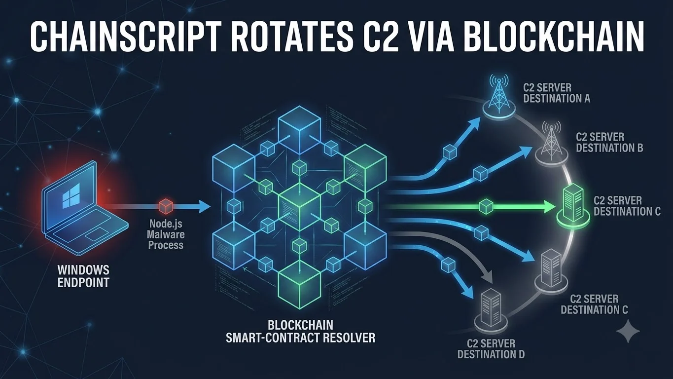Editorial cybersecurity illustration showing ChainScript RAT using a blockchain smart contract to reach rotating command servers