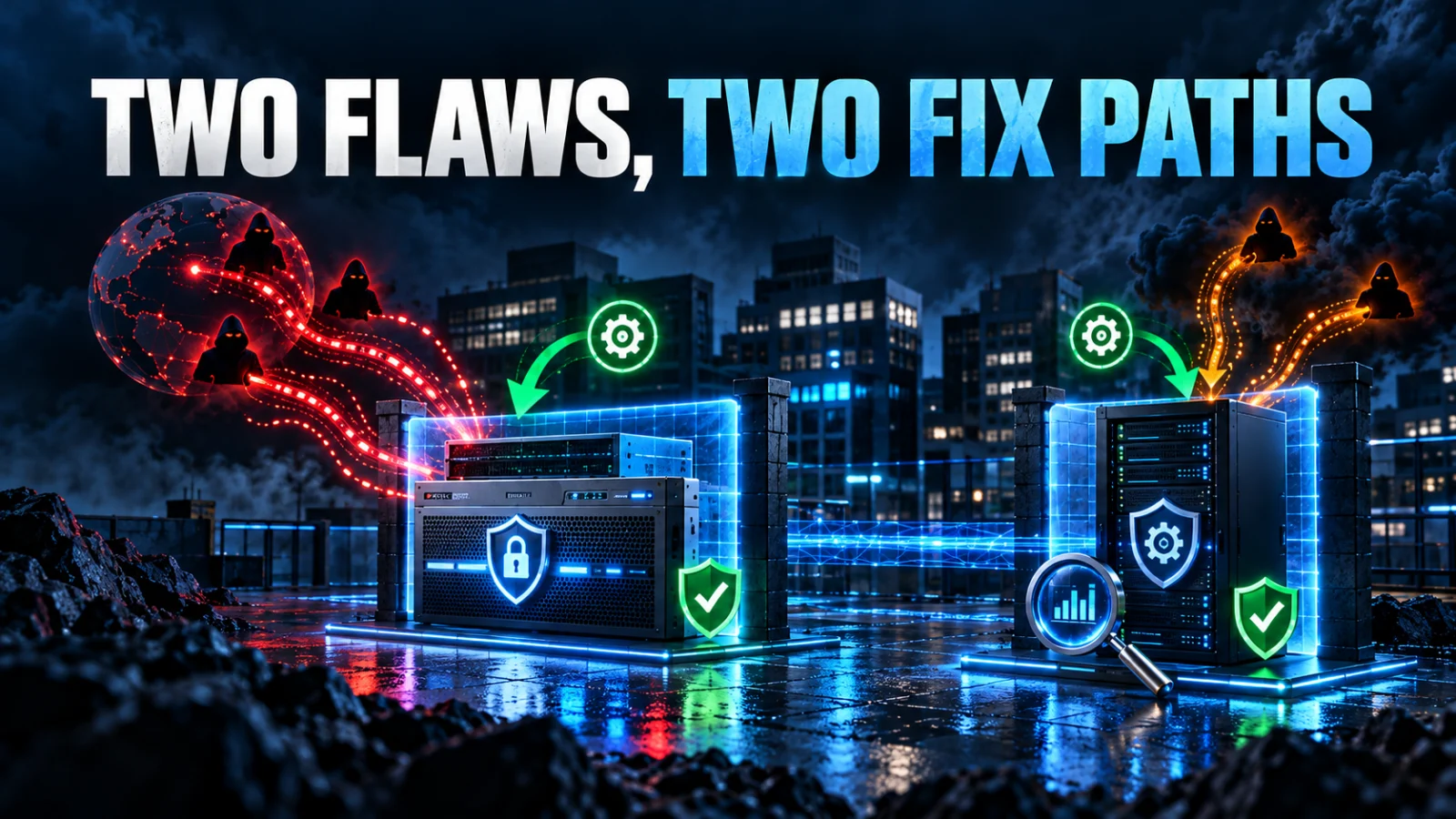 Editorial cybersecurity illustration showing separate VPN gateway and management-server security flaws requiring fixes and forensic review