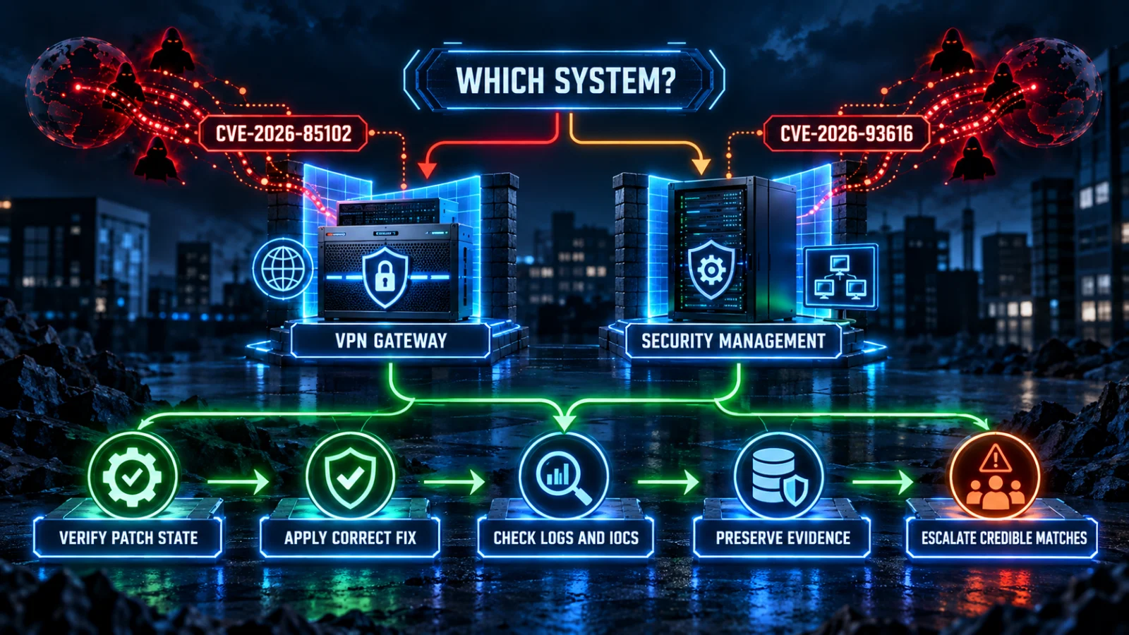 Decision path showing Check Point administrators how to separate gateway and management exposure, apply fixes and perform compromise checks