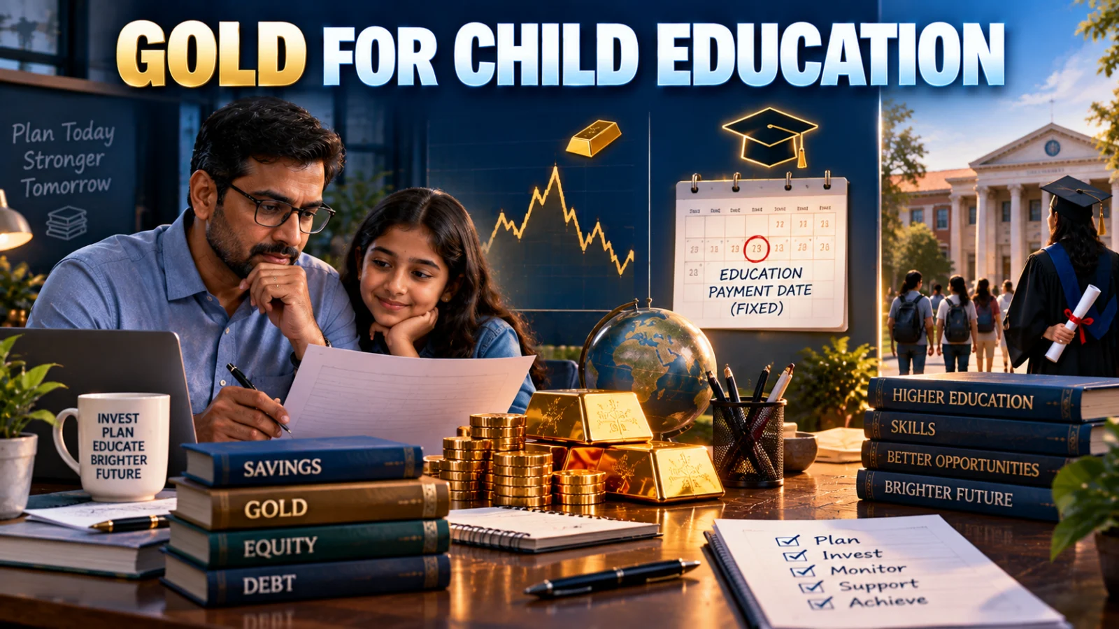 Decision path showing how a child's education date, funding gap, diversification and gold risk fit together