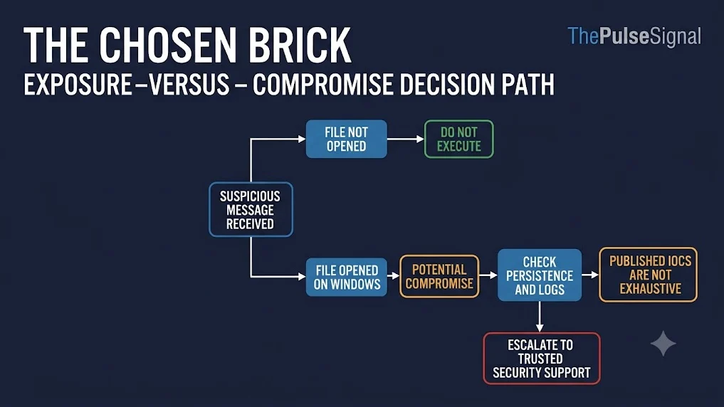 Infographic showing the difference between receiving a CHOSEN BRICK lure and executing a malicious Windows file