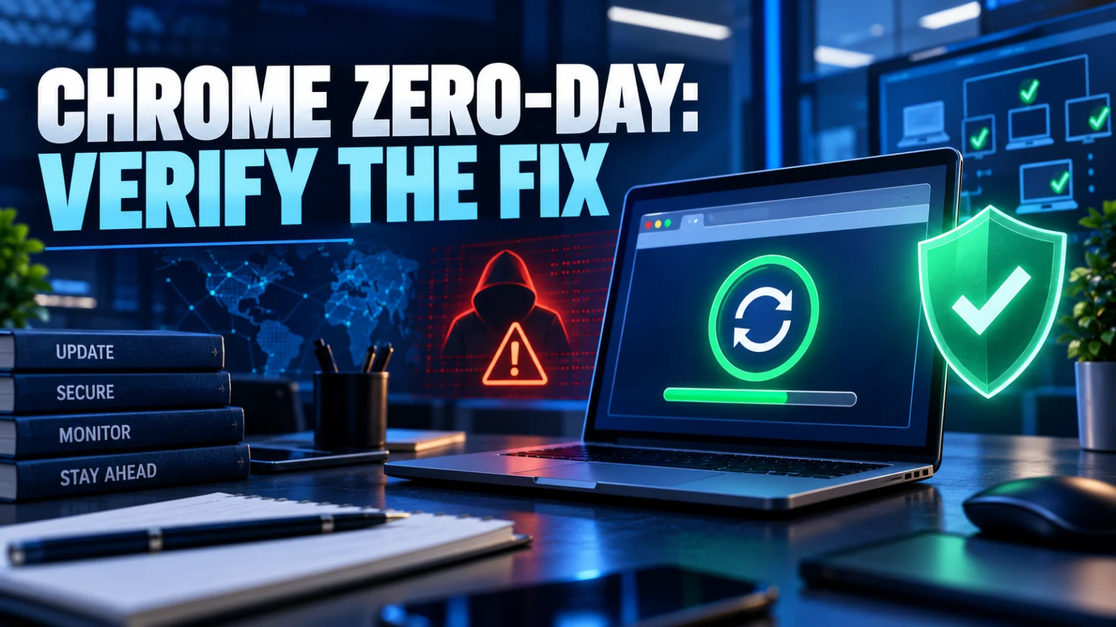 Chrome CVE-2026-85046 editorial hero showing browser version verification and security update
