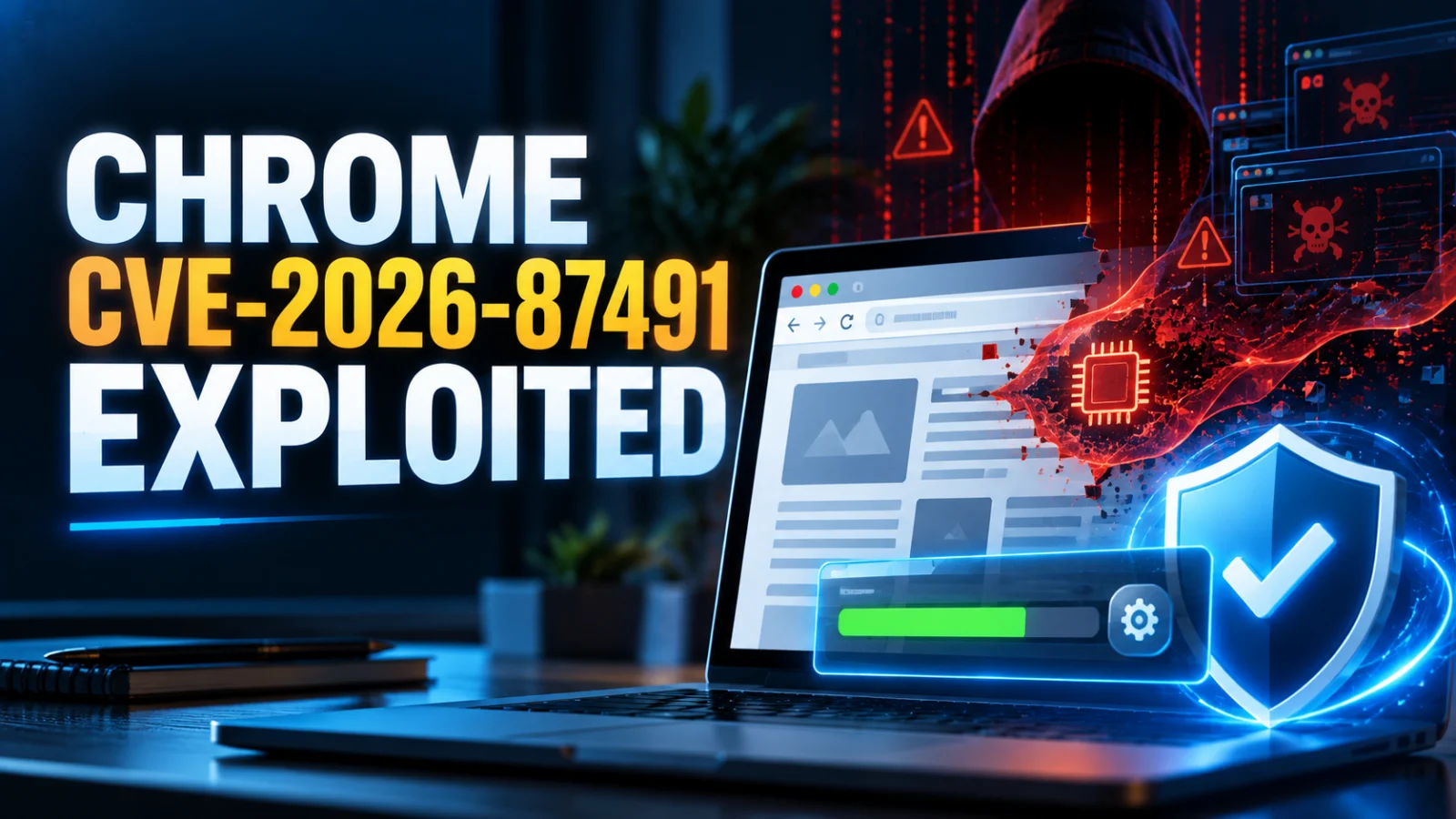 Chrome CVE-2026-87491 editorial security image with browser update and active exploitation theme