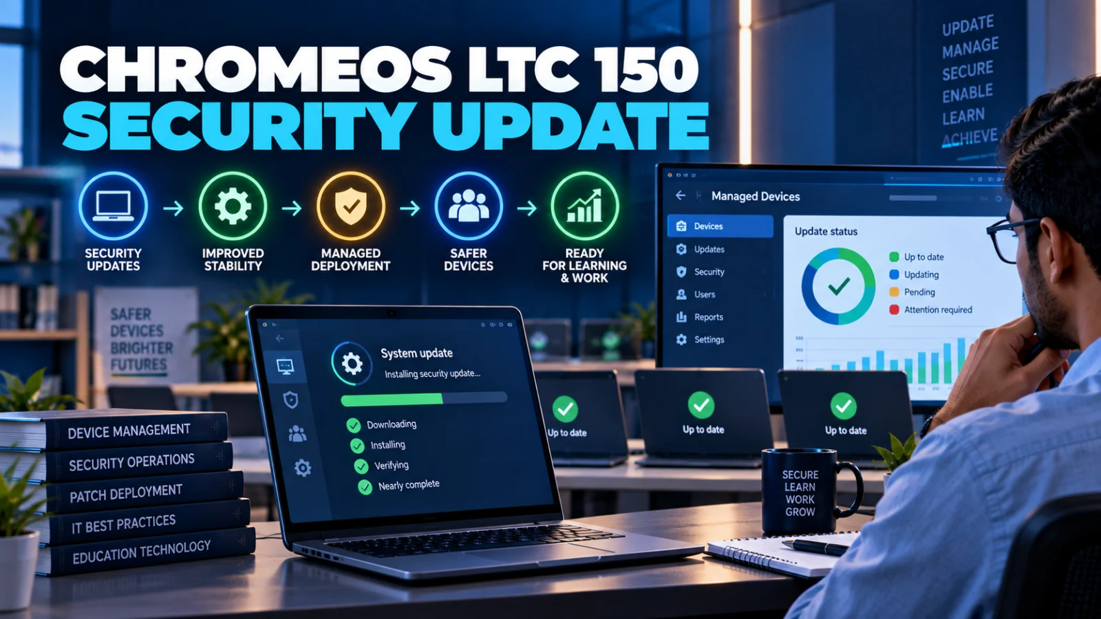 IT administrator checking the ChromeOS LTC 150 security update on a managed Chromebook