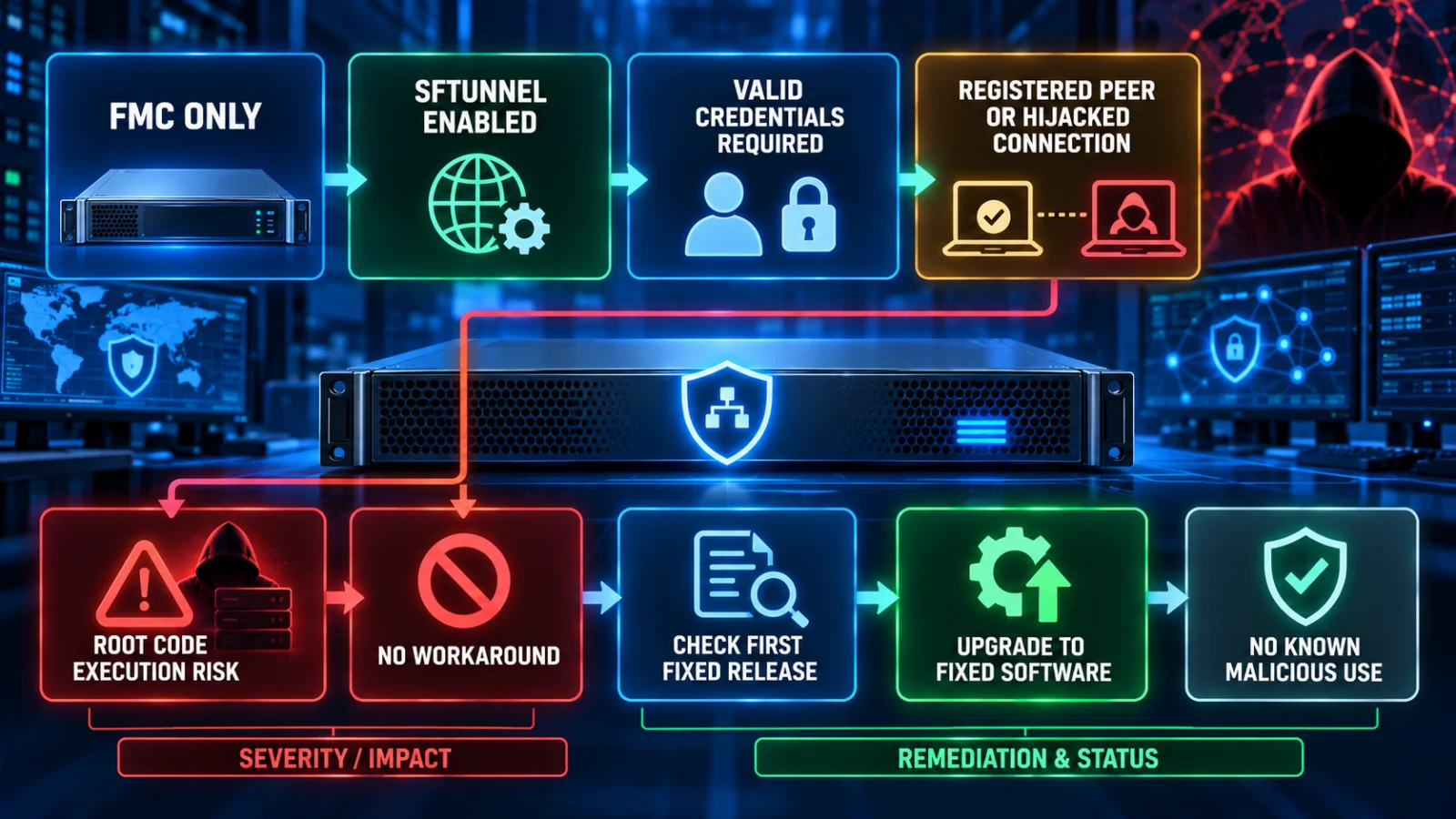 Cisco FMC CVE-2026-20324 remediation path showing product check, authentication requirement and fixed-release verification