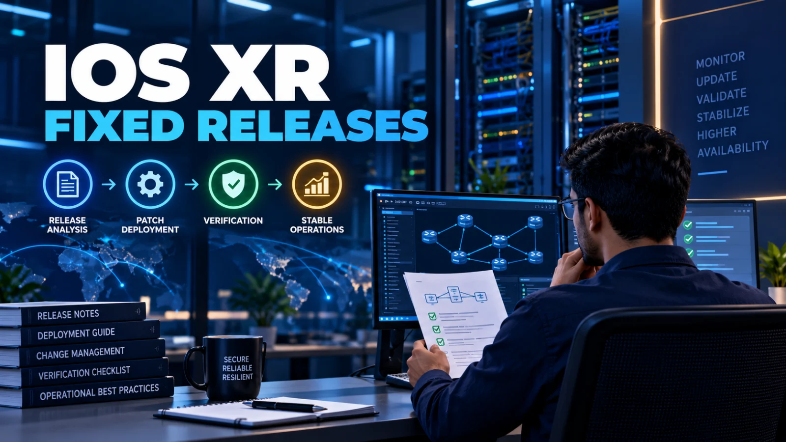 Network engineer reviewing IOS XR router remediation with a fixed-release security update theme