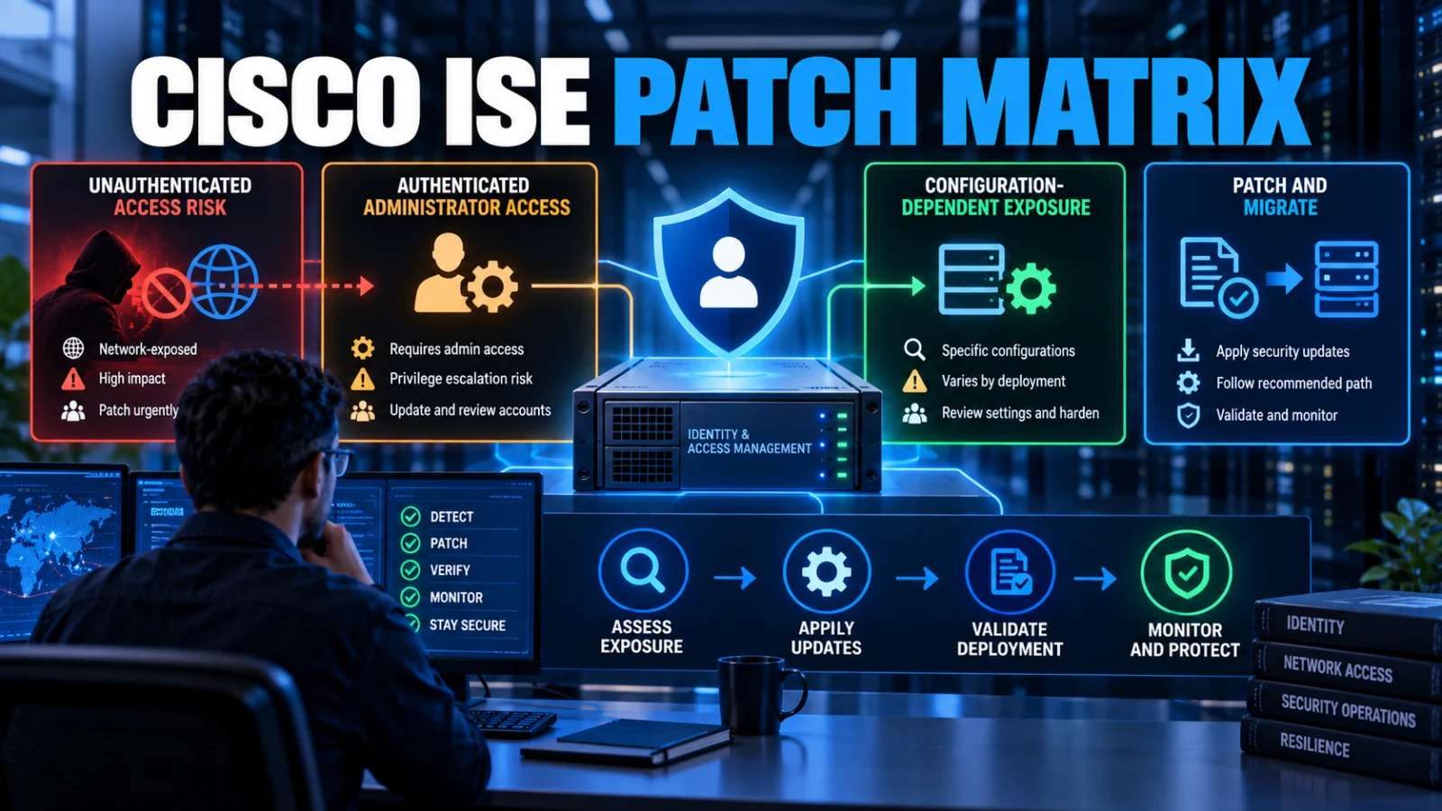 Cybersecurity administrator comparing multiple Cisco ISE September 2026 vulnerability and patch paths