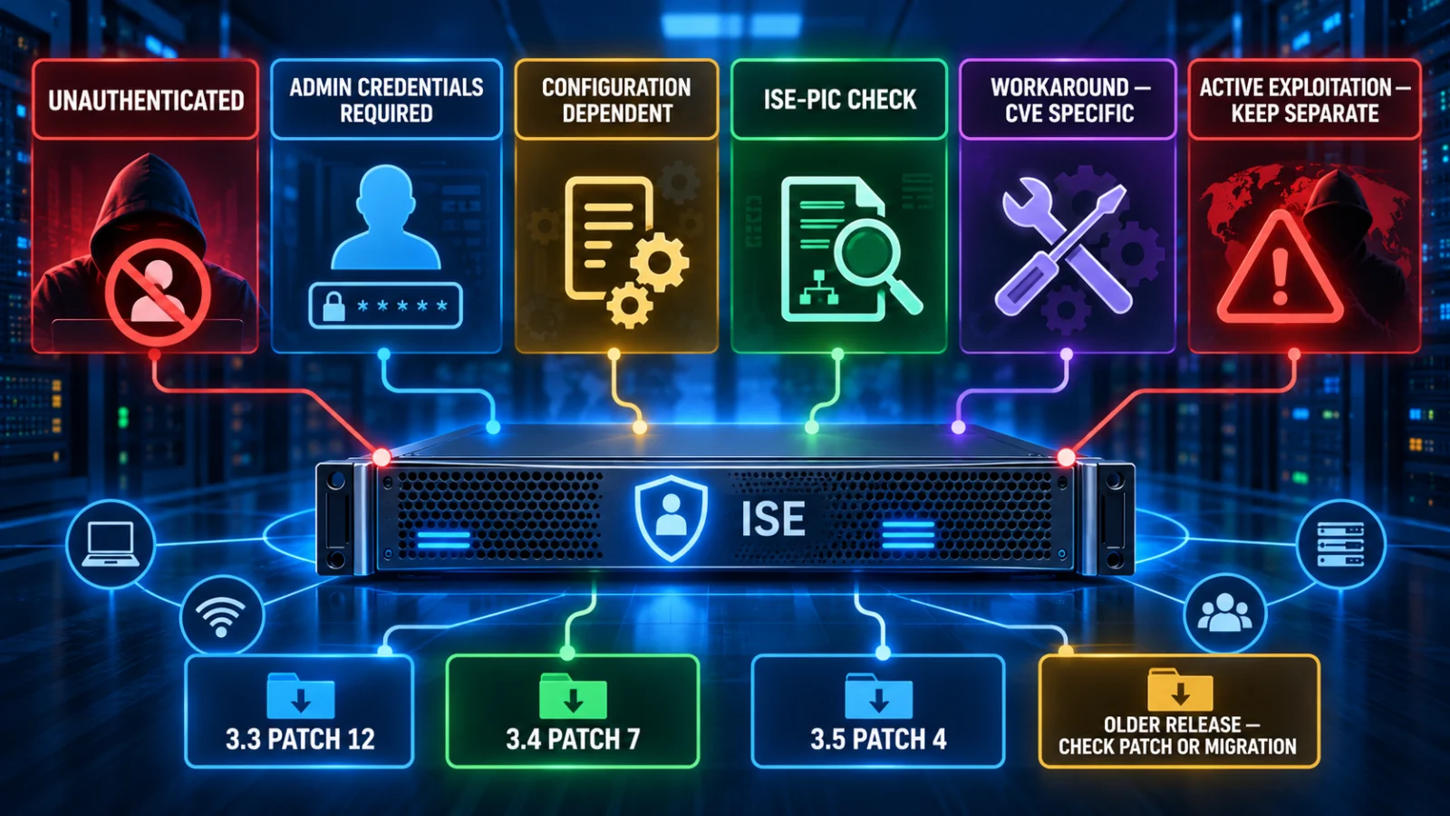 Cisco ISE September 2026 patch matrix showing different authentication, configuration and fixed-release paths