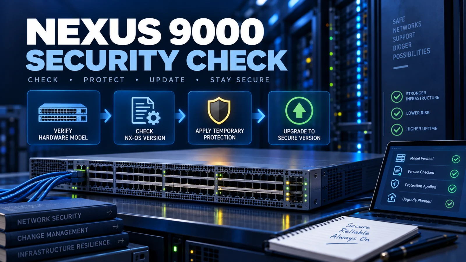 Enterprise network switch with model verification, NX-OS assessment and secure upgrade indicators