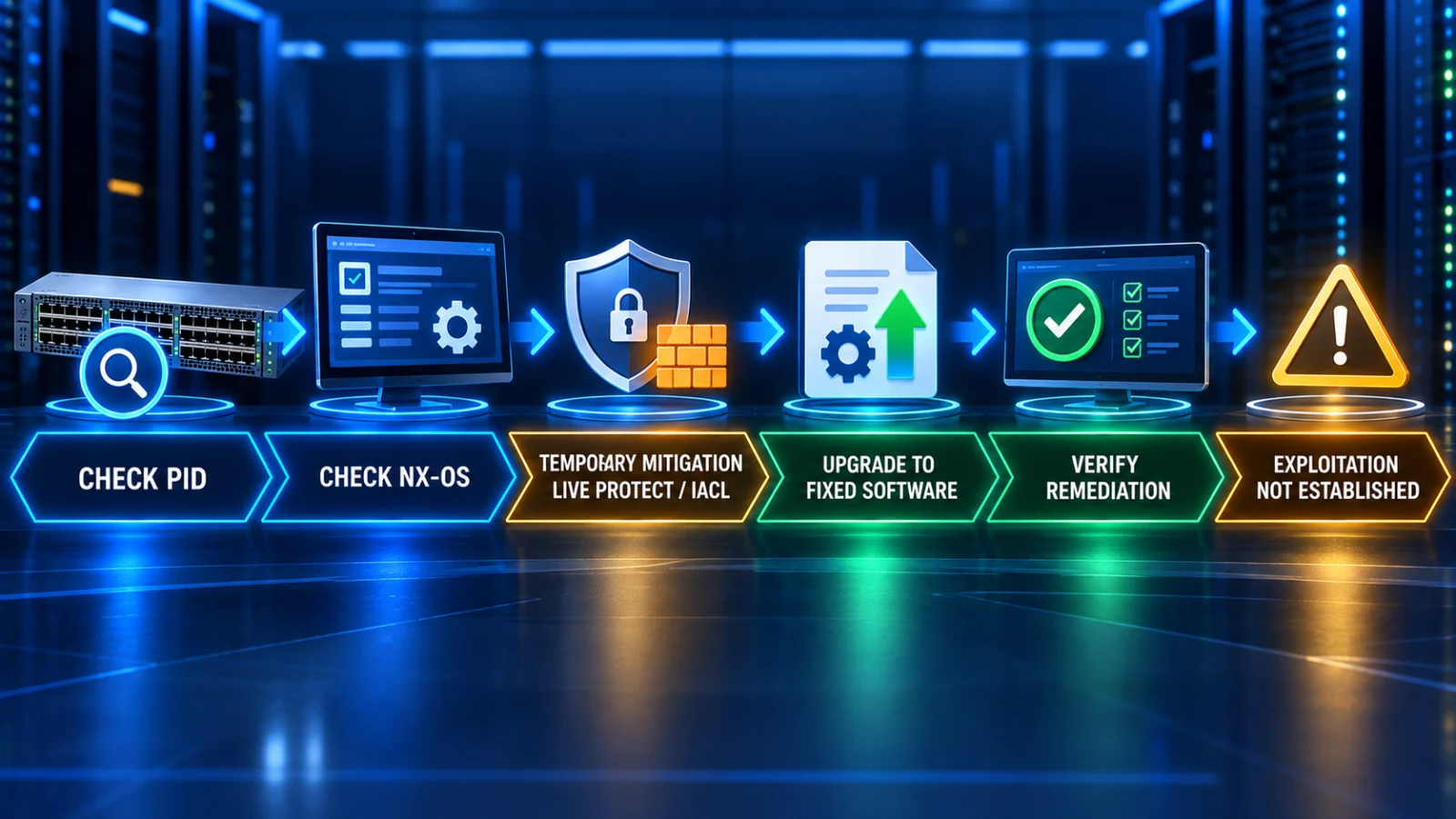 Decision path for checking a Nexus 9000 product ID, NX-OS state, temporary mitigation and fixed software