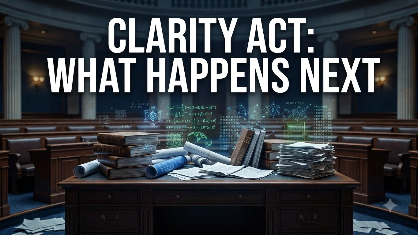 Editorial illustration of stalled CLARITY Act legislation after a U.S. Senate procedural vote