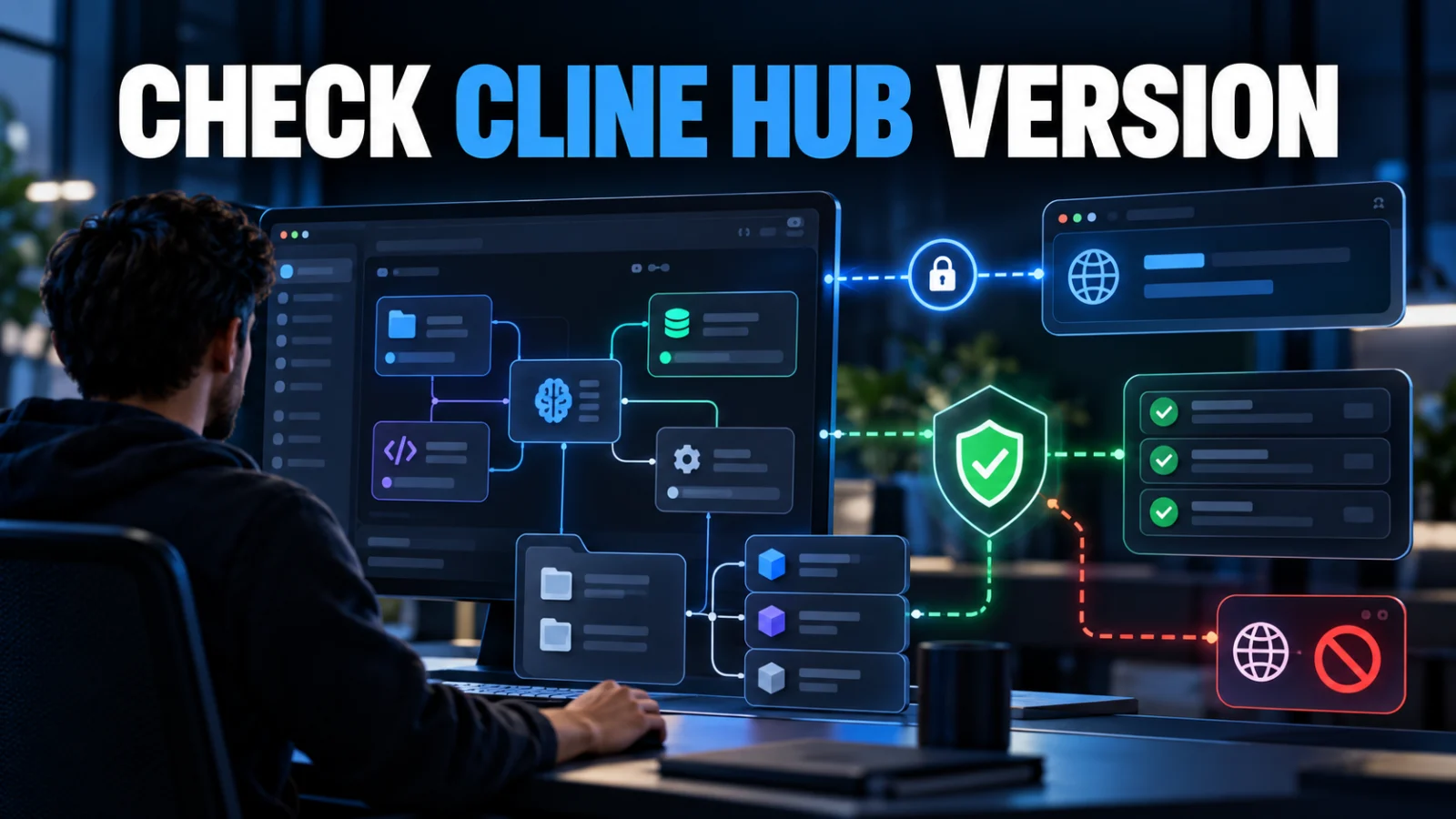 Editorial cybersecurity illustration showing a local AI development dashboard exposed to a cross-origin WebSocket path with a version-fix cue
