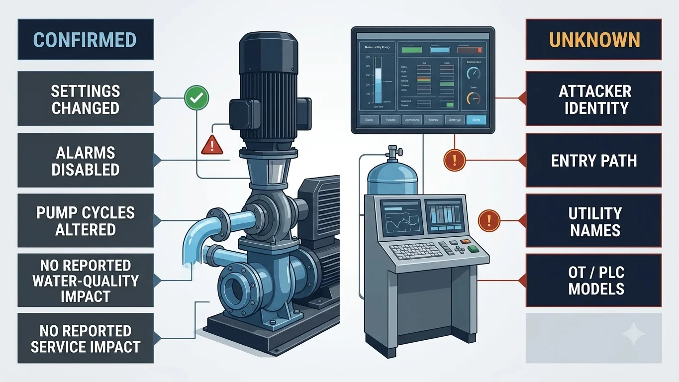 Infographic separating confirmed Colorado water utility cyberattack facts from unresolved attribution and equipment details