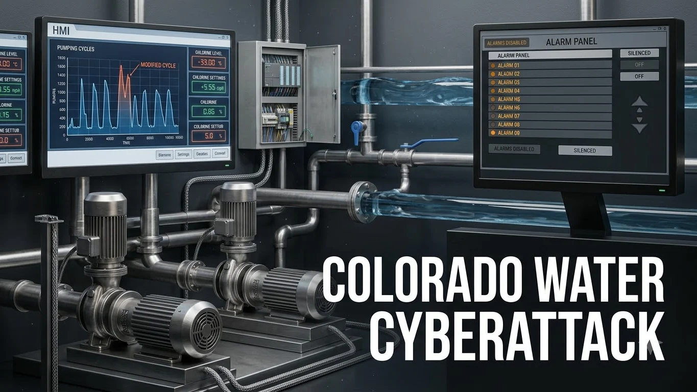 Editorial cybersecurity illustration of water utility pumps, OT controls and disabled alarms