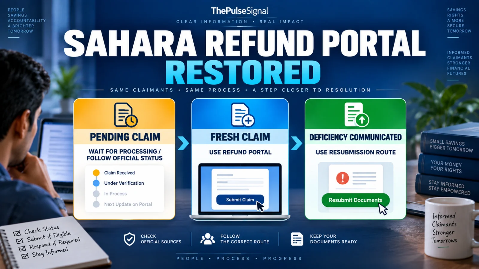Infographic explaining fresh, pending and deficient CRCS-Sahara refund claim routes