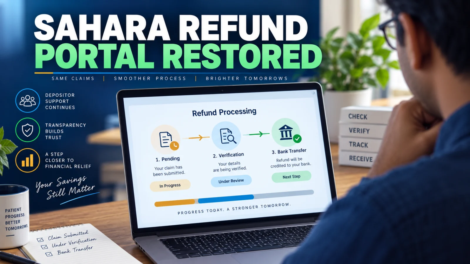 Editorial image of an Indian depositor checking the restored CRCS-Sahara refund claim workflow