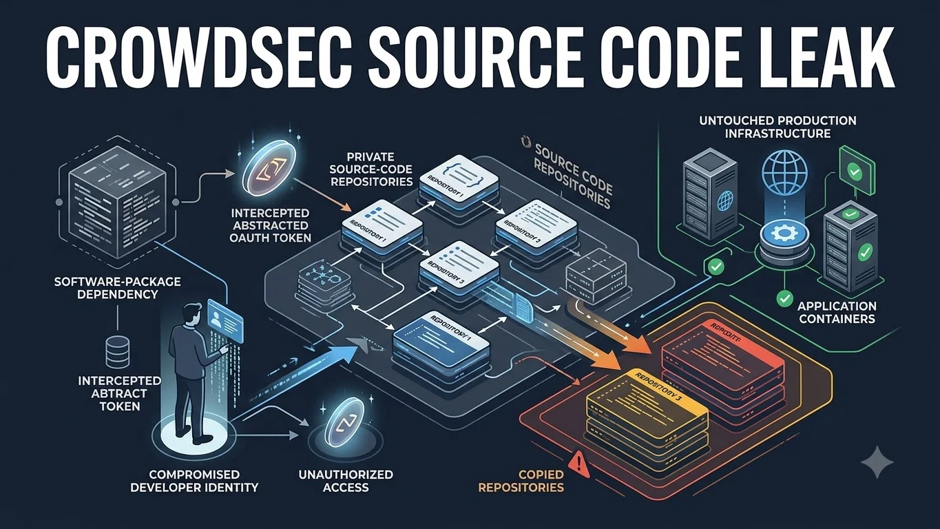 Editorial cybersecurity illustration of developer OAuth token compromise and private source-code repository exposure