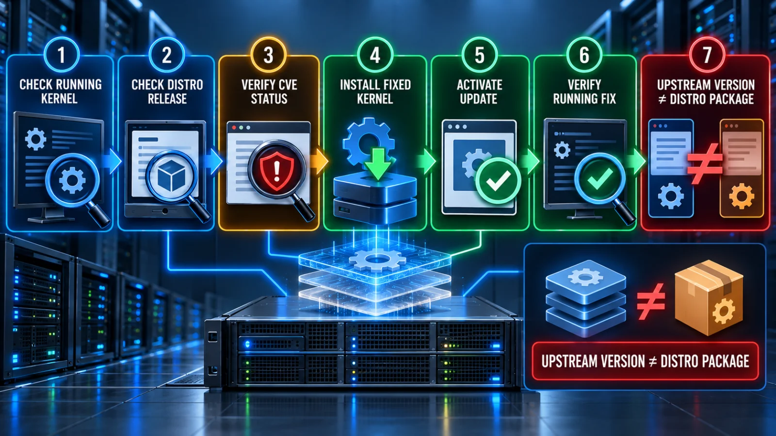 CVE-2025-39682 remediation workflow showing kernel check, distro advisory, patch installation and running-kernel verification