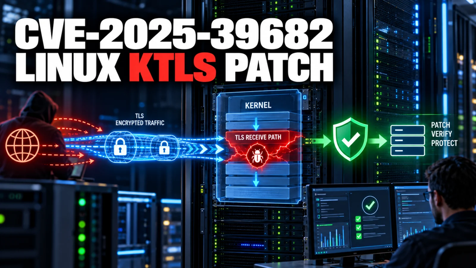 Linux kernel TLS receive-path security illustration for CVE-2025-39682 with patch and verification cues