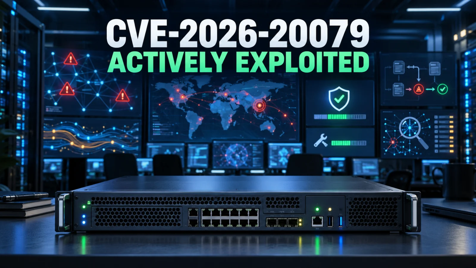 Cybersecurity incident-response illustration for CVE-2026-20079 affecting Cisco Secure FMC
