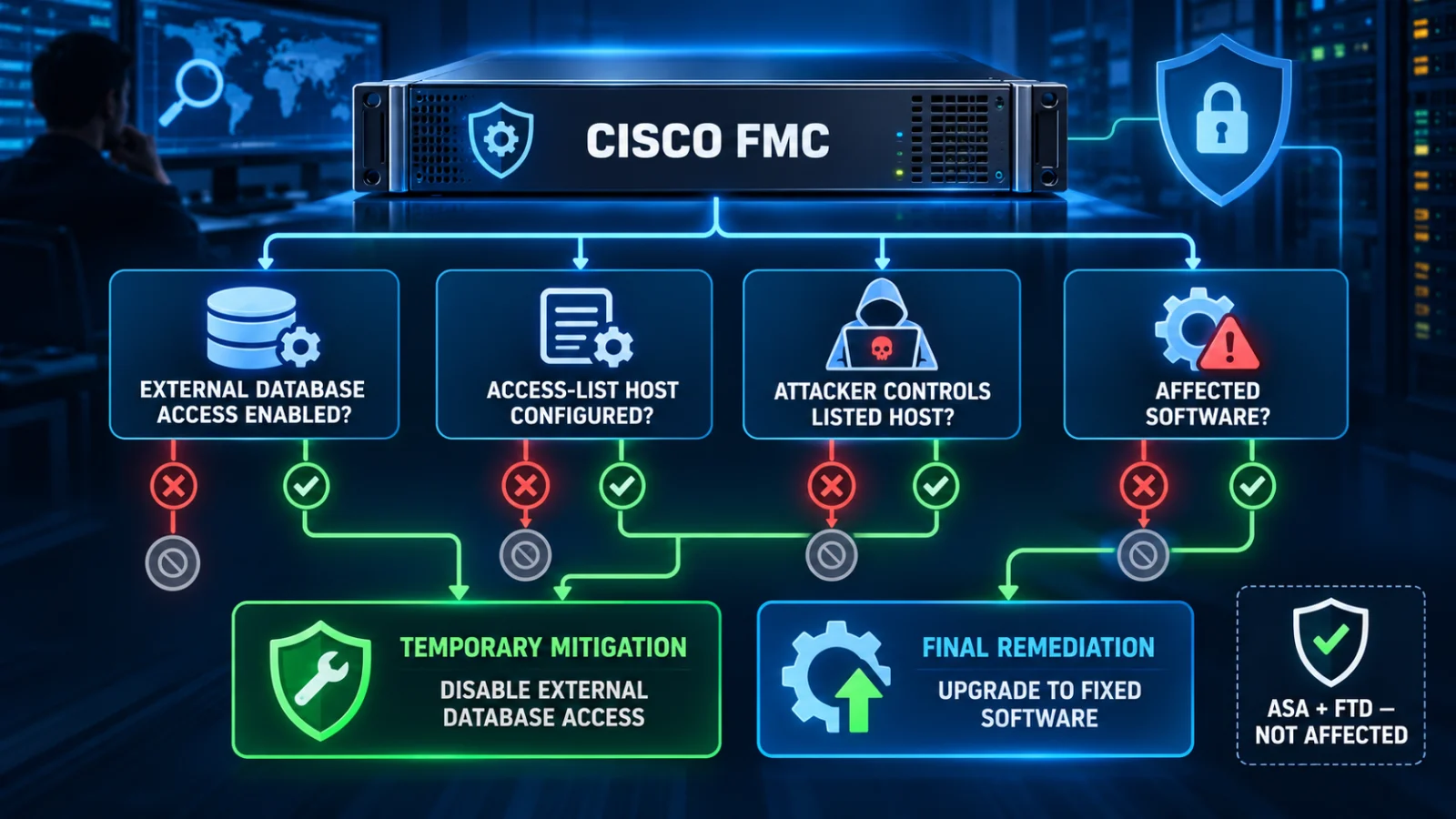 Infographic showing the Cisco FMC CVE-2026-20242 exposure check from External Database Access to fixed software