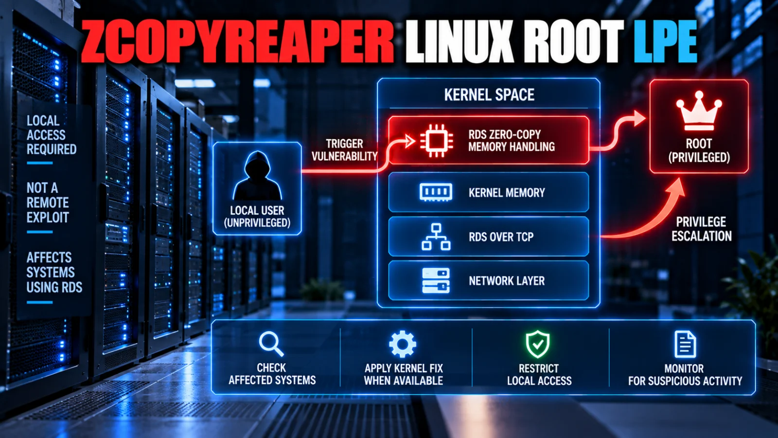 Linux kernel RDS networking path with local privilege-escalation symbolism for CVE-2026-43502