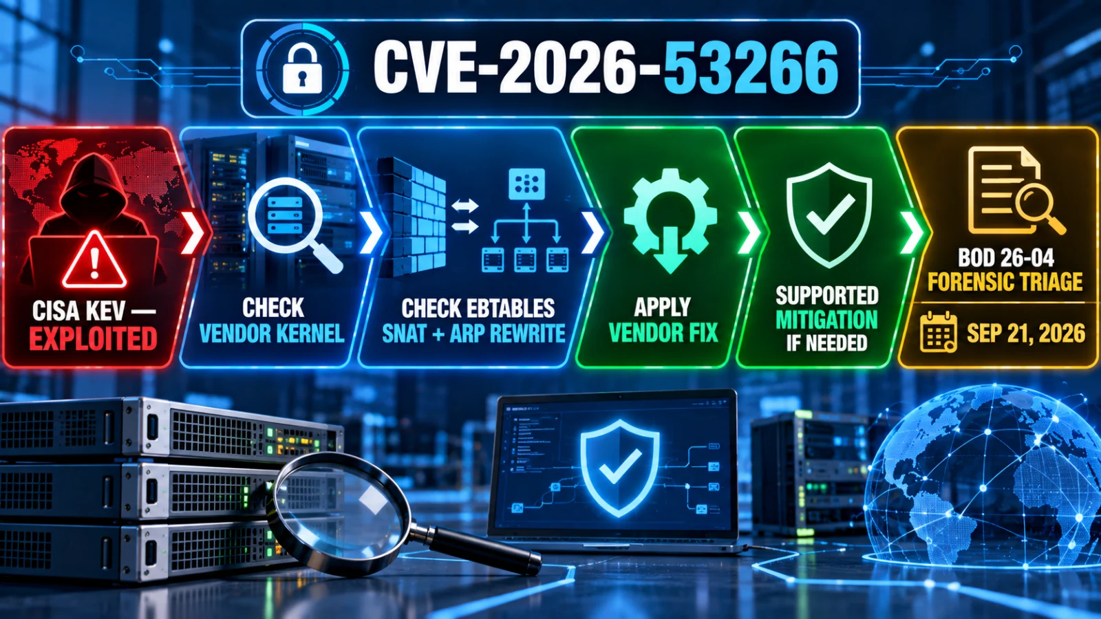 Infographic separating CVE-2026-53266 exposure checks, vendor patching, mitigation and CISA forensic triage