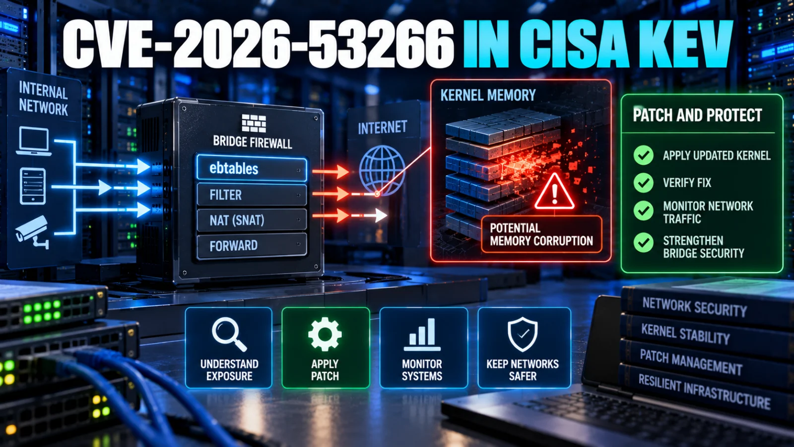 Linux server and bridge firewall illustration representing CVE-2026-53266 ebtables exposure and remediation