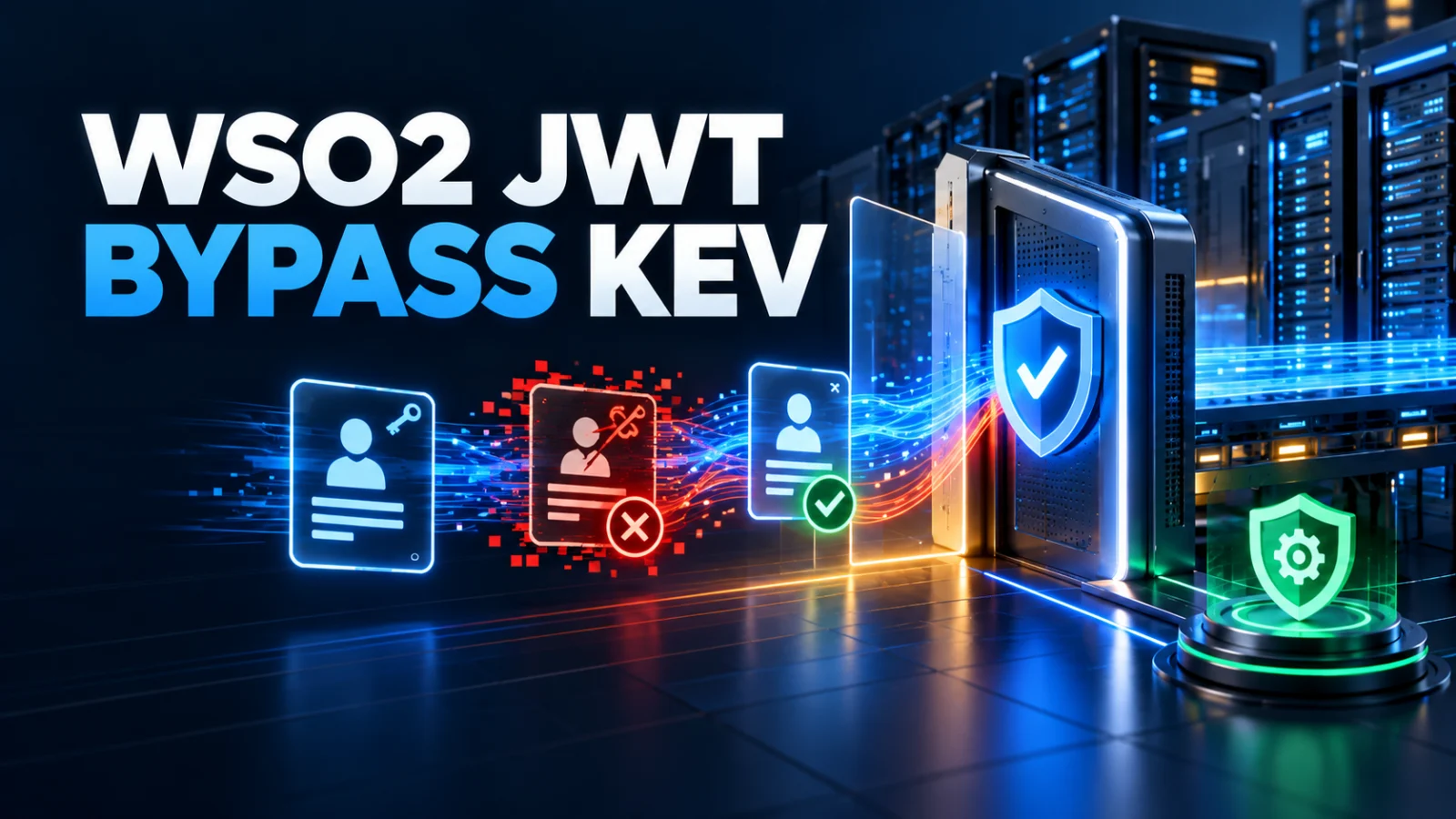 Editorial cybersecurity illustration of a WSO2-style API gateway JWT authentication bypass and update-level fix for CVE-2026-5430