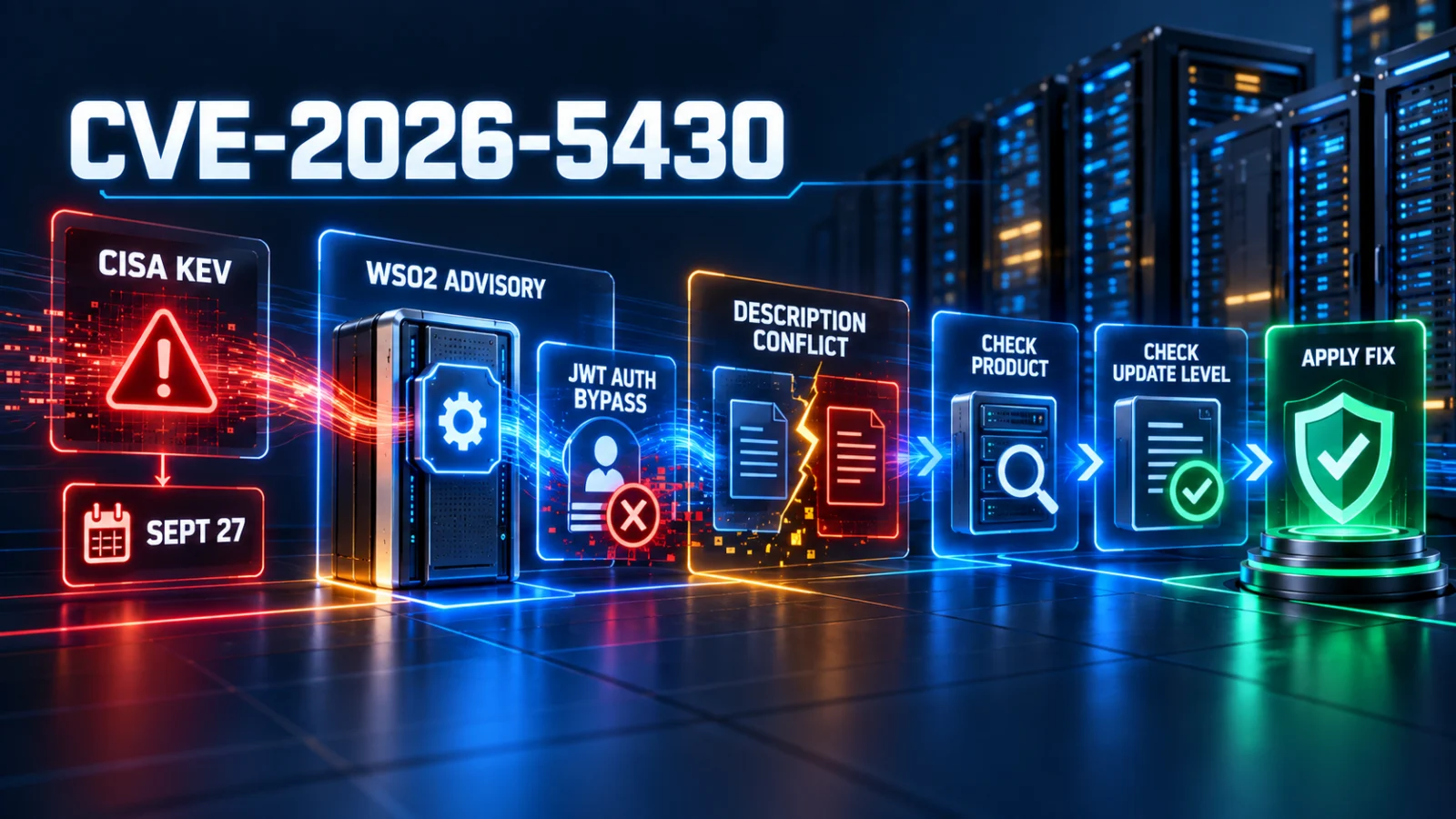 Infographic showing CVE-2026-5430 source reconciliation and WSO2 product update-level verification