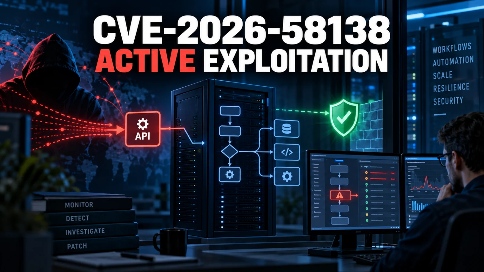 Cybersecurity illustration of a vulnerable workflow orchestration server being investigated after CVE-2026-58138 exploitation
