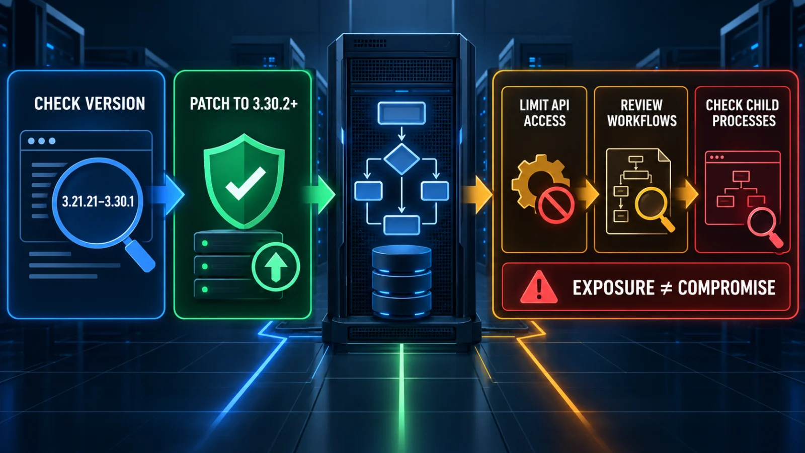 CVE-2026-58138 defensive workflow showing version check, patching, API restriction and compromise review