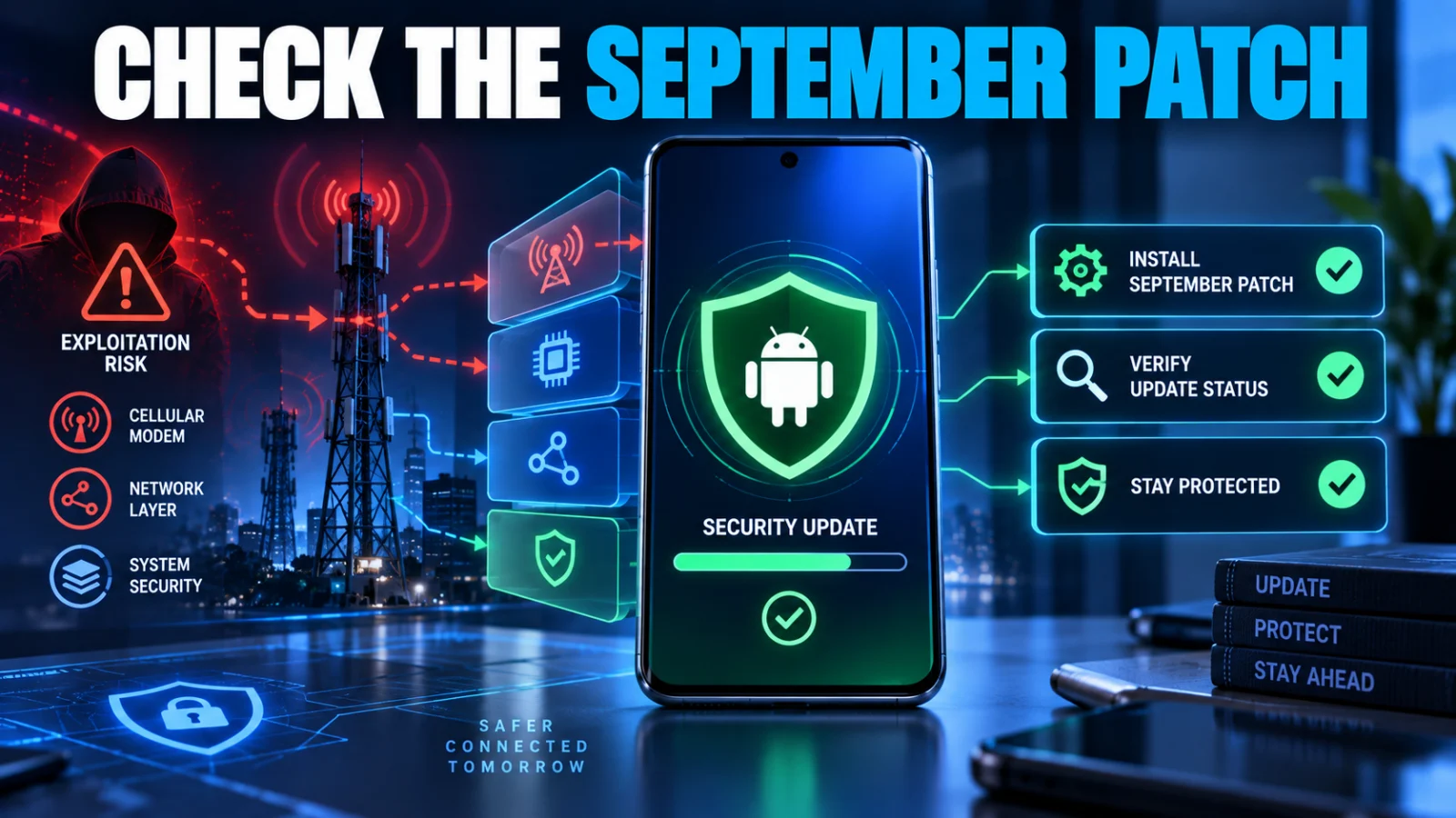 Editorial mobile cybersecurity illustration showing a smartphone, cellular modem risk and September patch verification