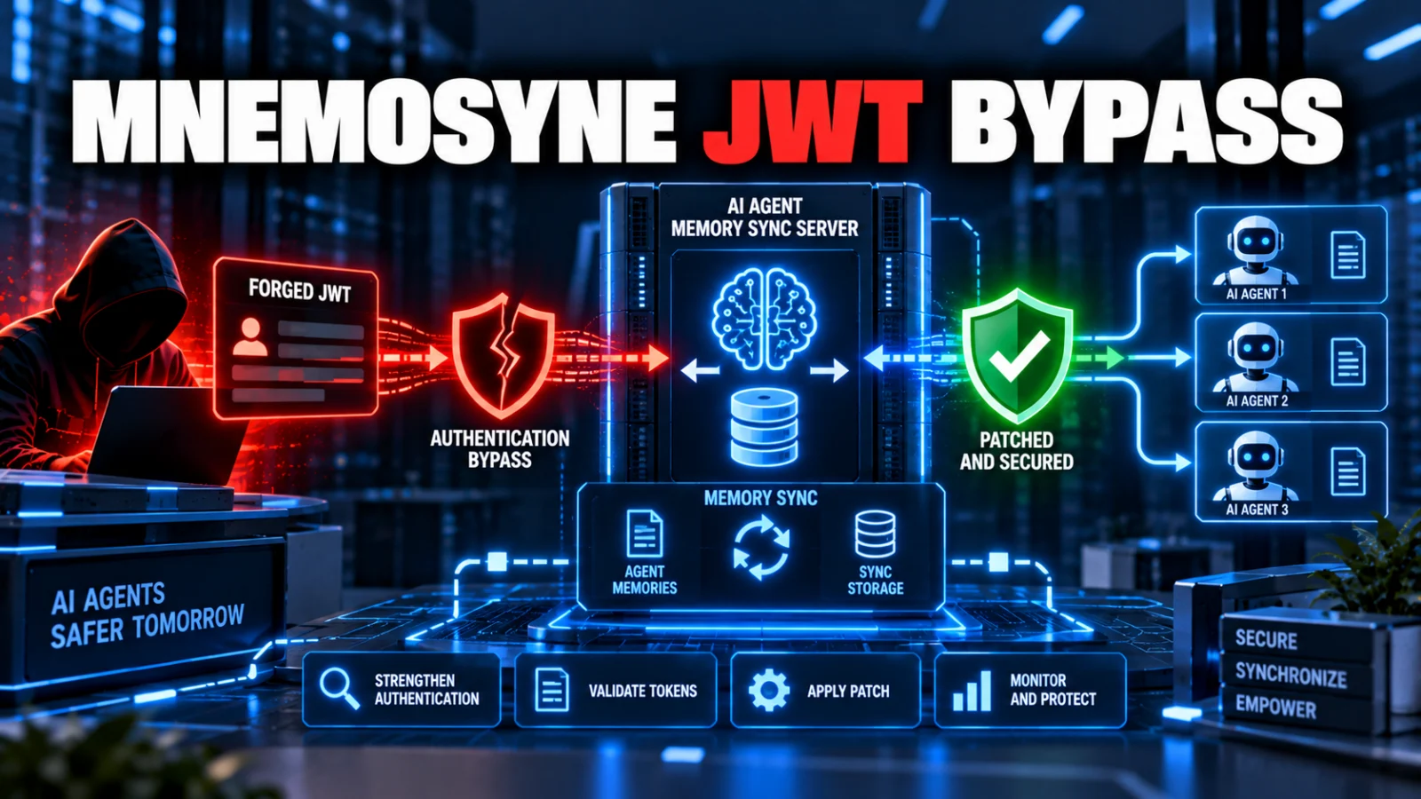 Editorial cybersecurity illustration of CVE-2026-59163 and a forged JWT bypassing an AI memory server authentication layer