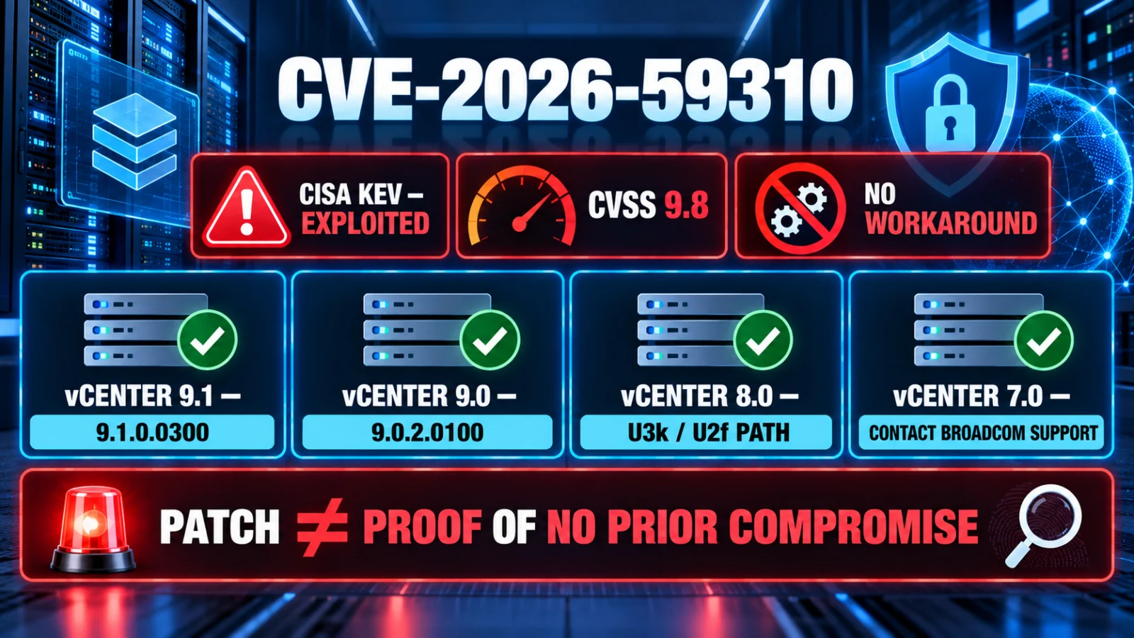 VMware vCenter CVE-2026-59310 infographic showing exploitation status, no workaround and fixed release paths